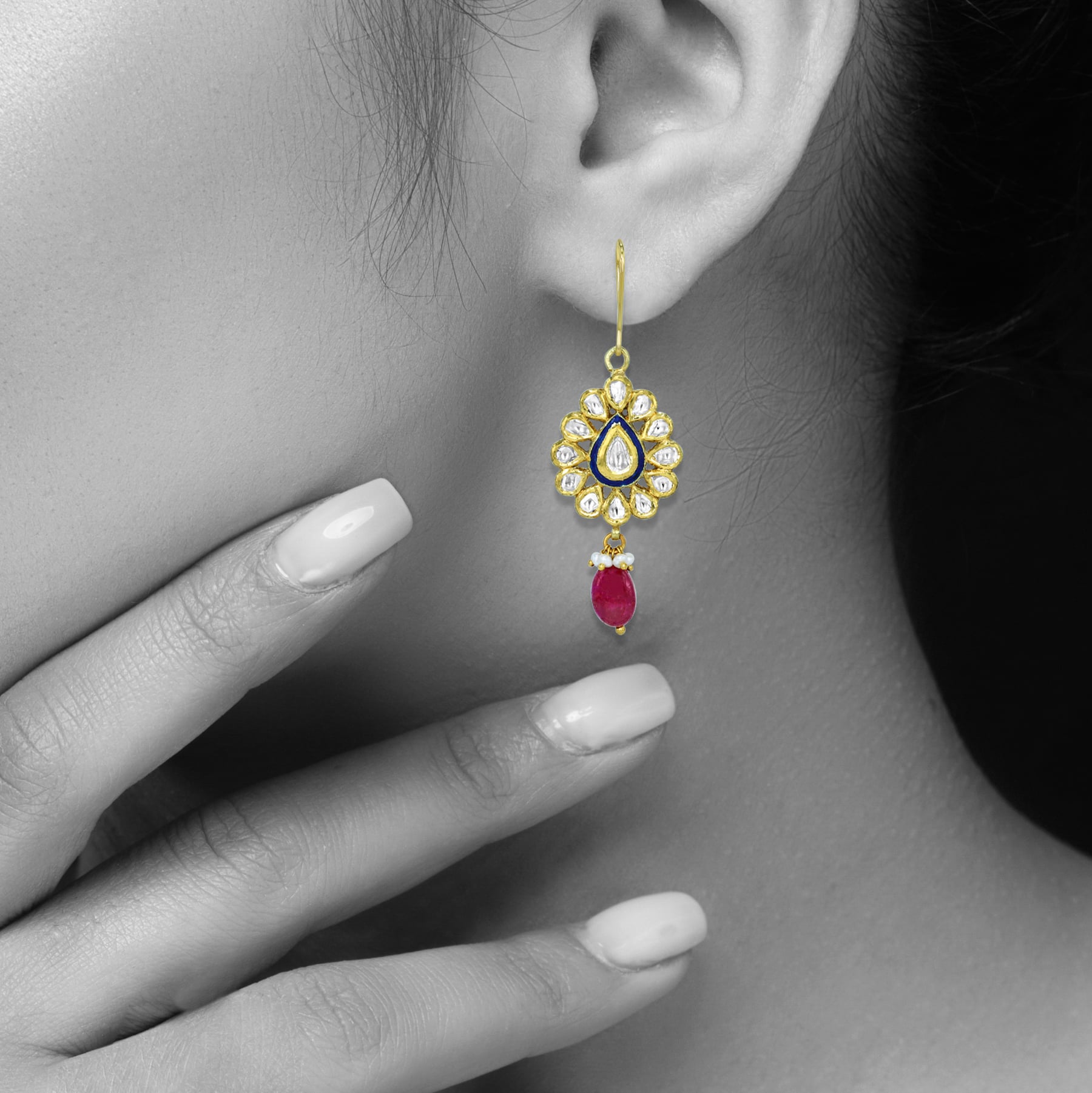 Floral Polki Earrings with Blue Enamel and Ruby Bead Drops