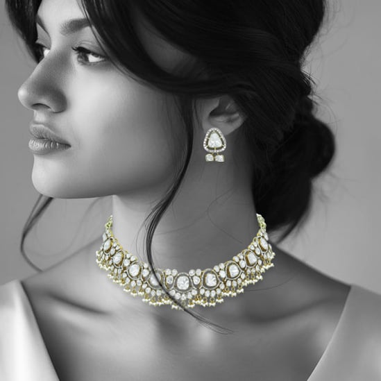 Polki Diamond Necklace with Pearls and Beads