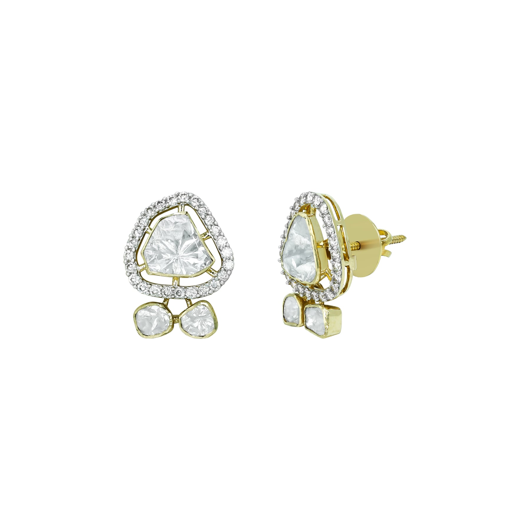 Triangular Polki Earrings with Diamond Halos