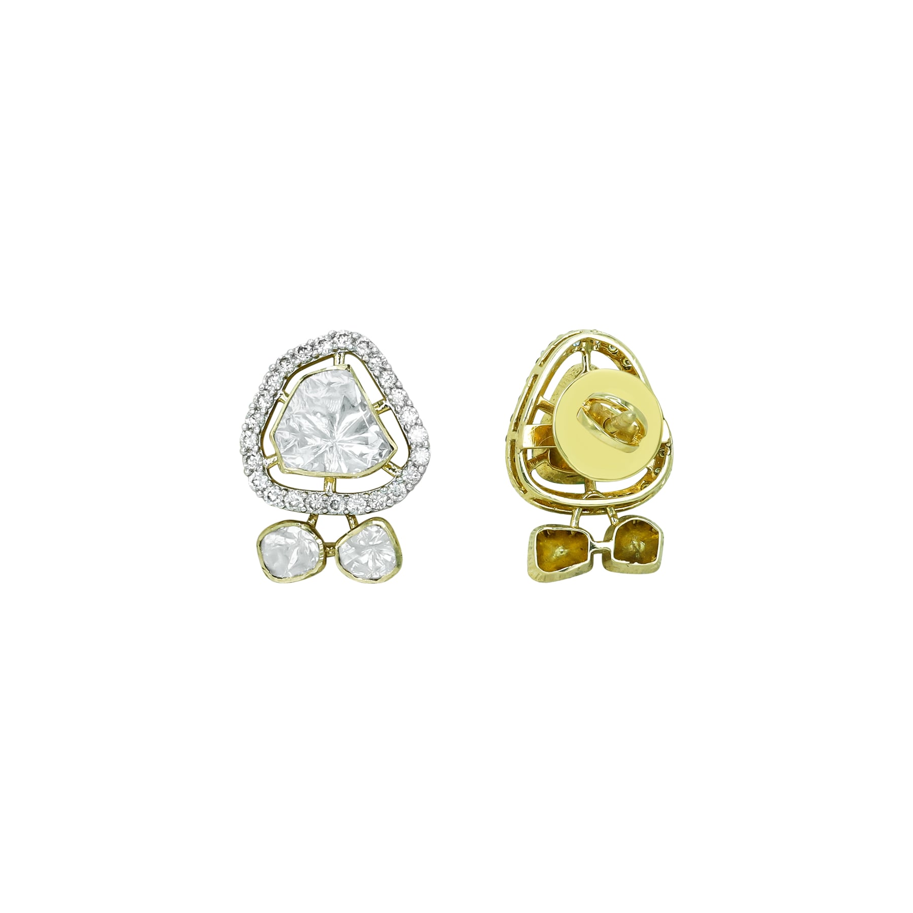 Triangular Polki Earrings with Diamond Halos