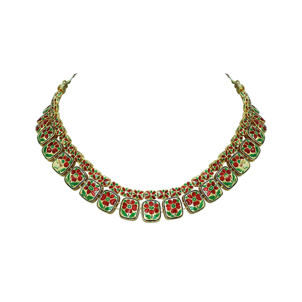 Square and Rectangular Polki Necklace with Red Enamel