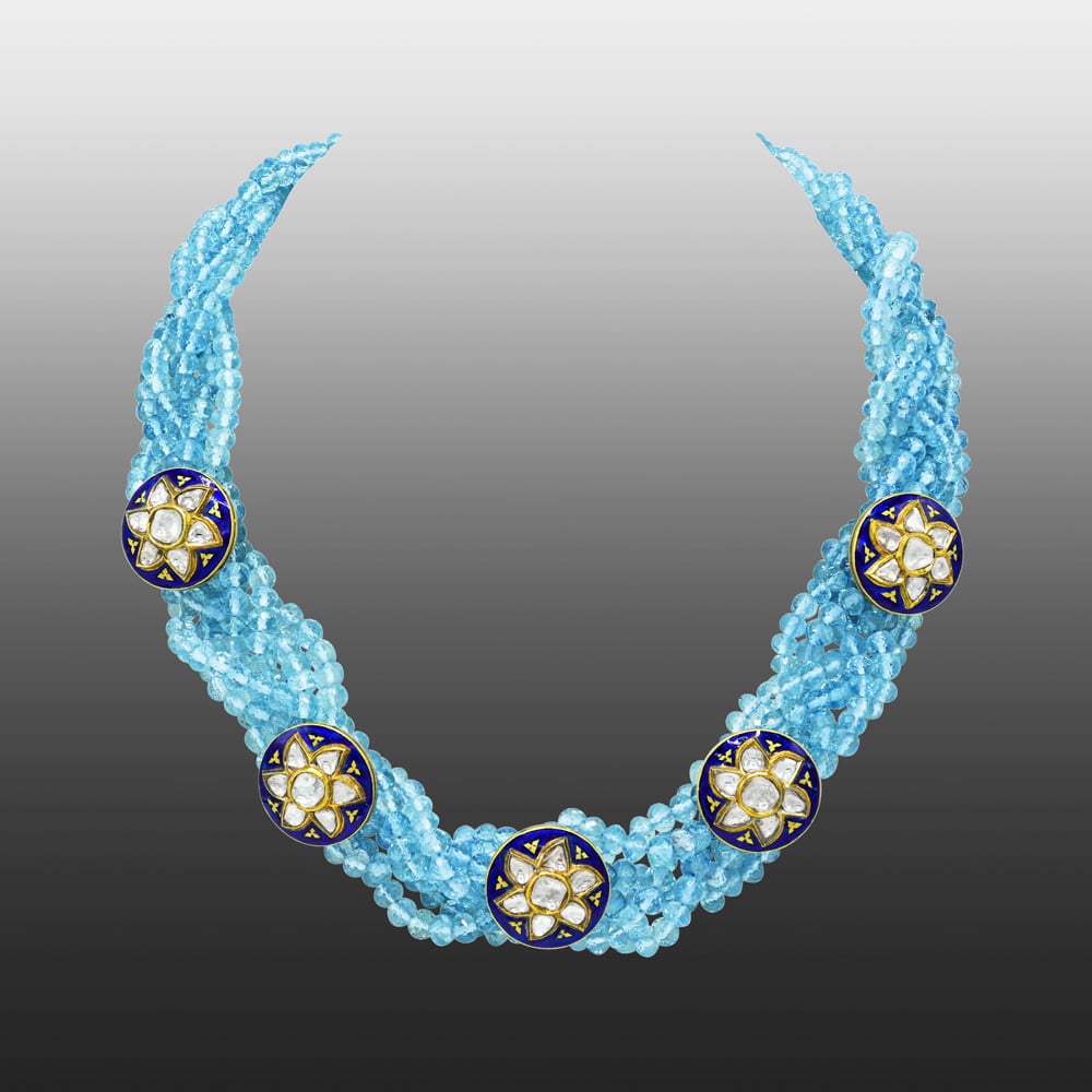 Blue Bead Necklace with Star Meena Buttons and Polki