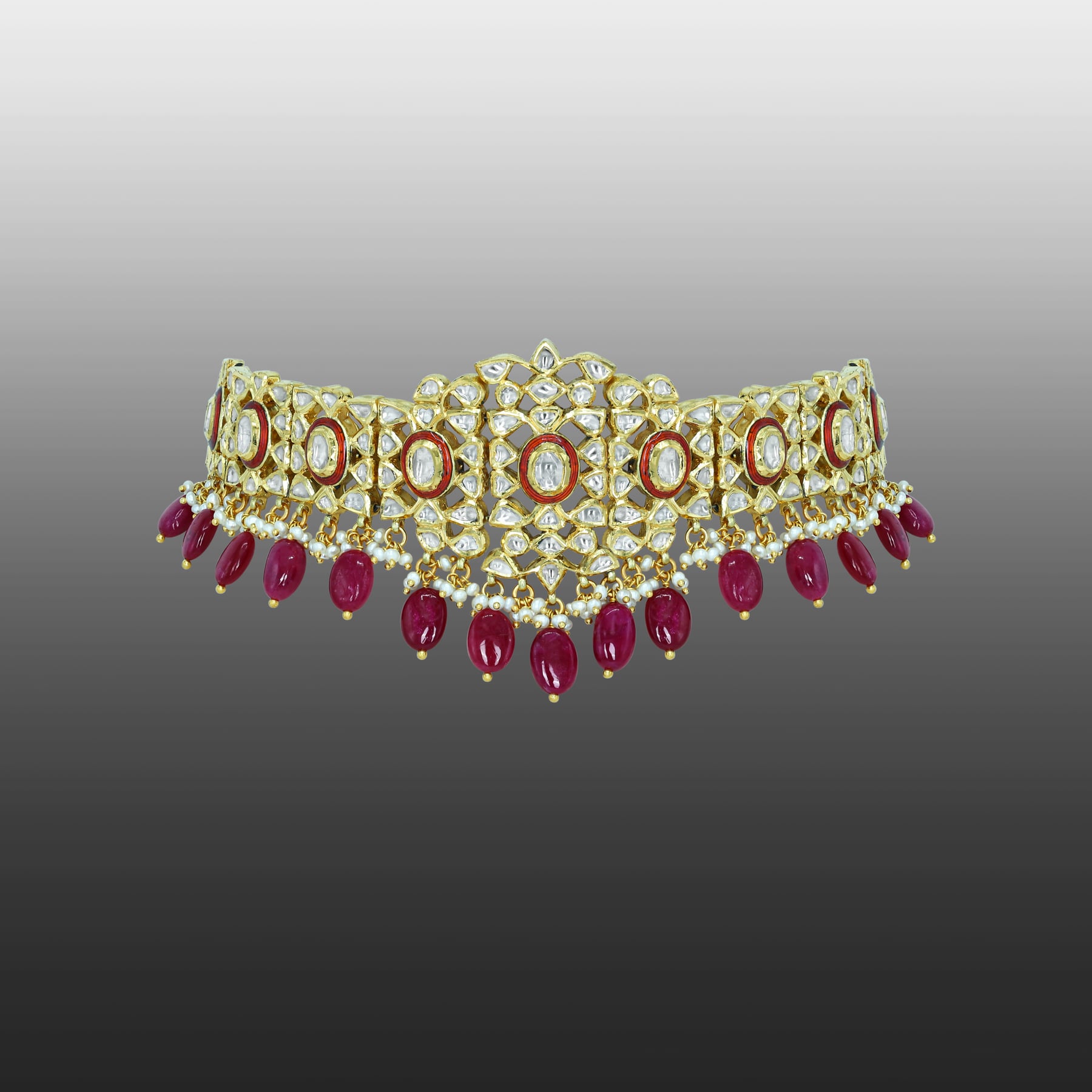 Polki Diamond Choker with Ruby Tumbles and Red Enamel