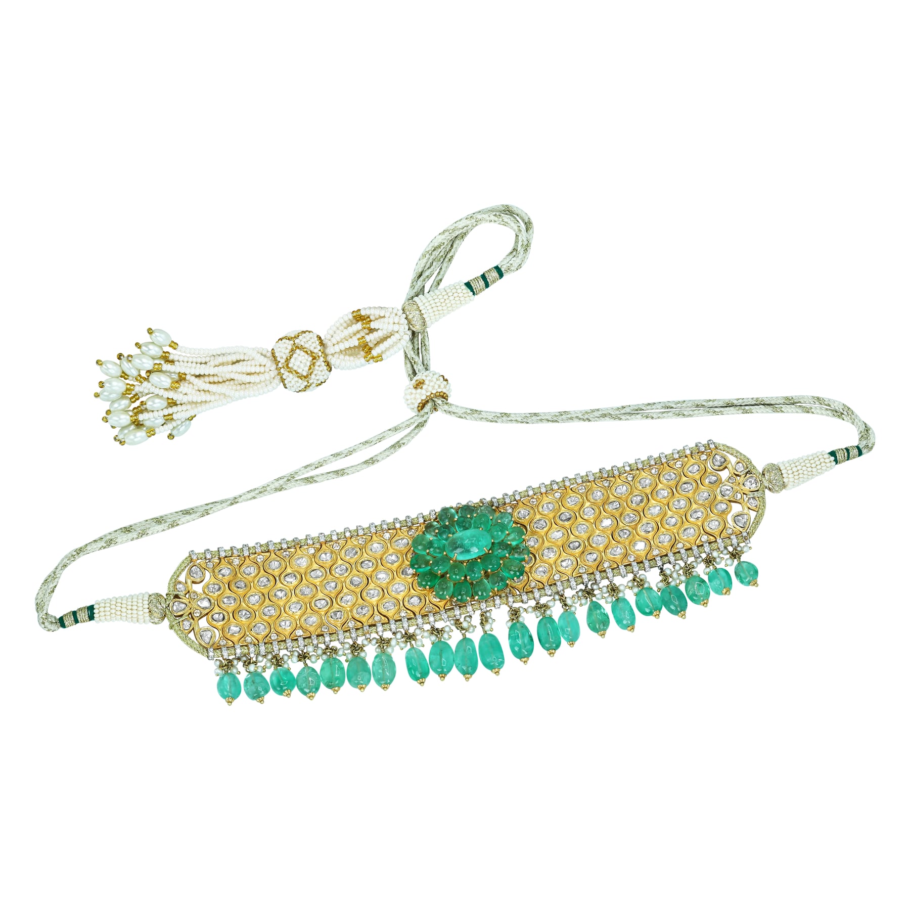 Polki Choker Set with Emerald Floral Motif and Drops