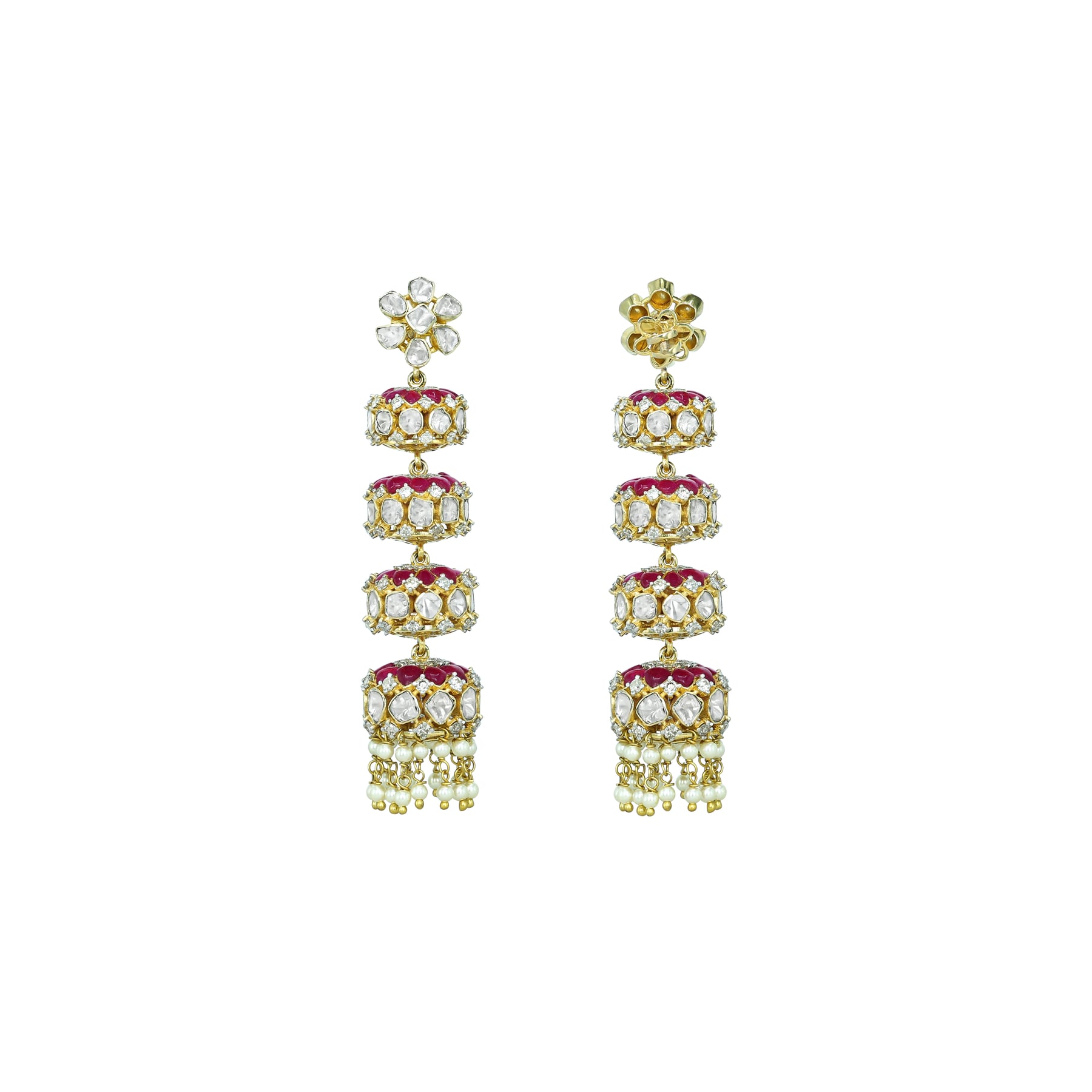 Tiered Polki Earrings with Red Talaf stone and Pearl Drops