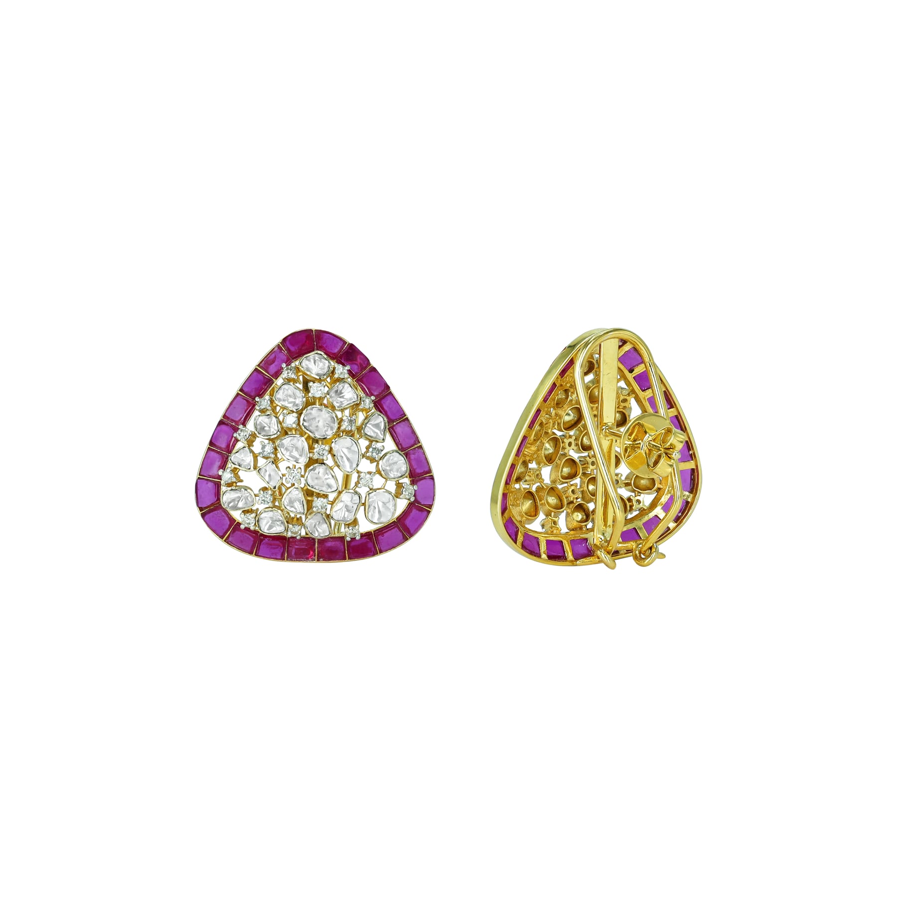 Triangular Polki Earrings with Magenta Borders