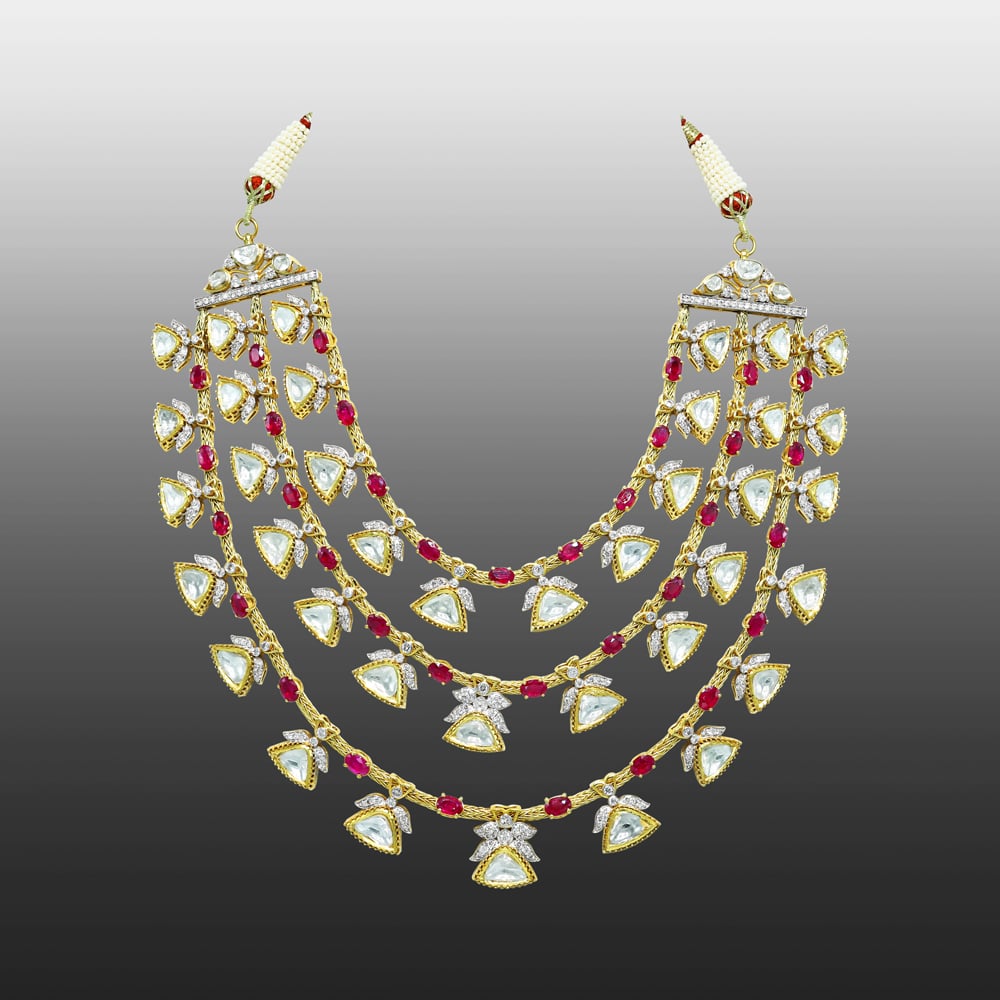 Gold Wire Necklace with Rubies, Polki, and Full-Cut Diamonds