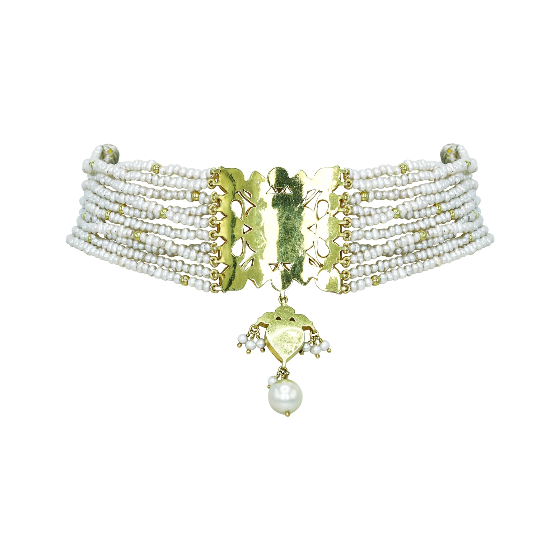Pearl Strand Choker Set with Ruby, Polki Floral Motif, and Pearl Drop