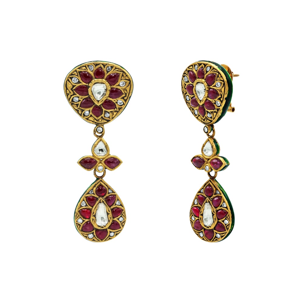 Red Talaf Necklace Set with Polki and Drop Details
