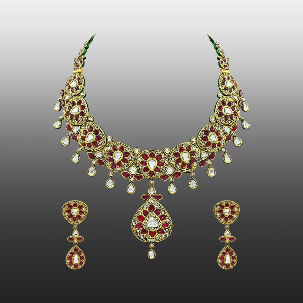 Red Talaf Necklace Set with Polki and Drop Details