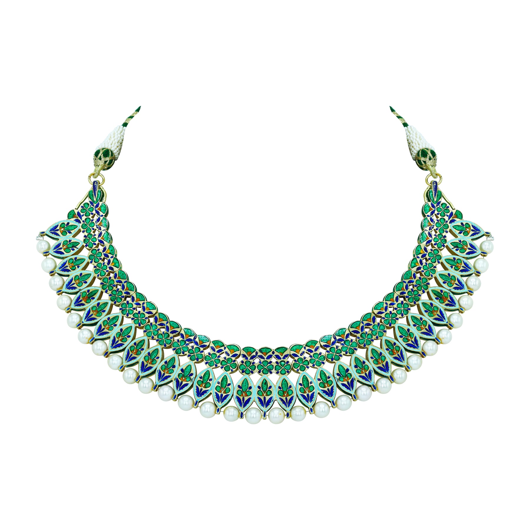 Polki Diamond Necklace with Green Enamel and Pearls
