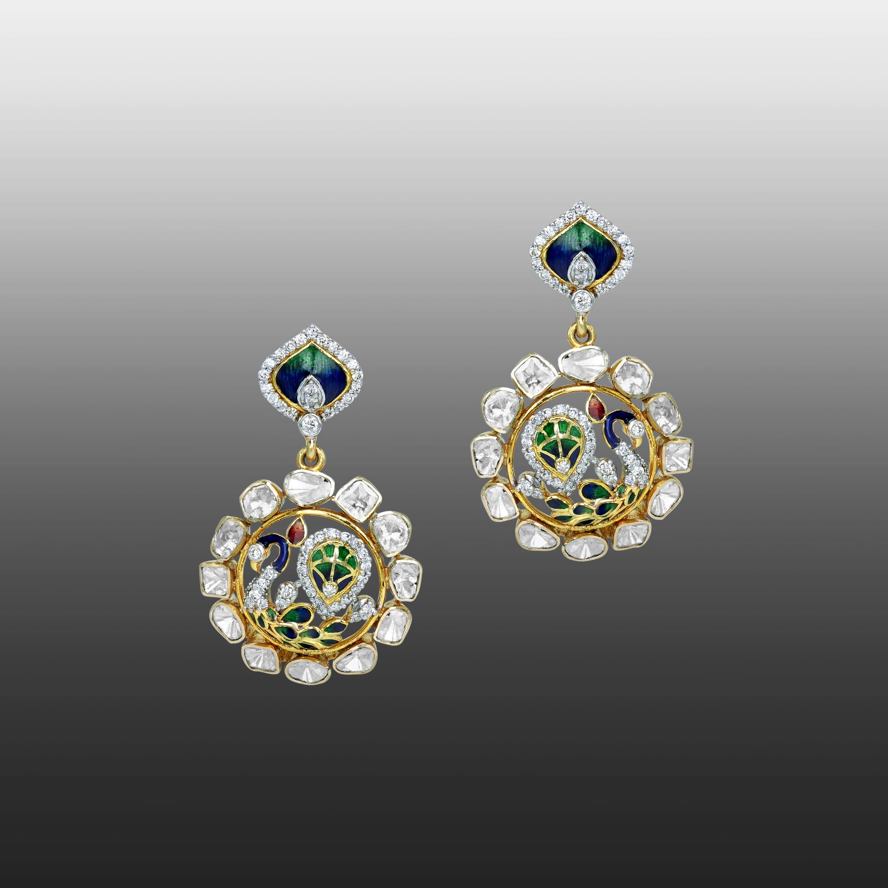 Peacock Motif Earrings with Polki and Enamel