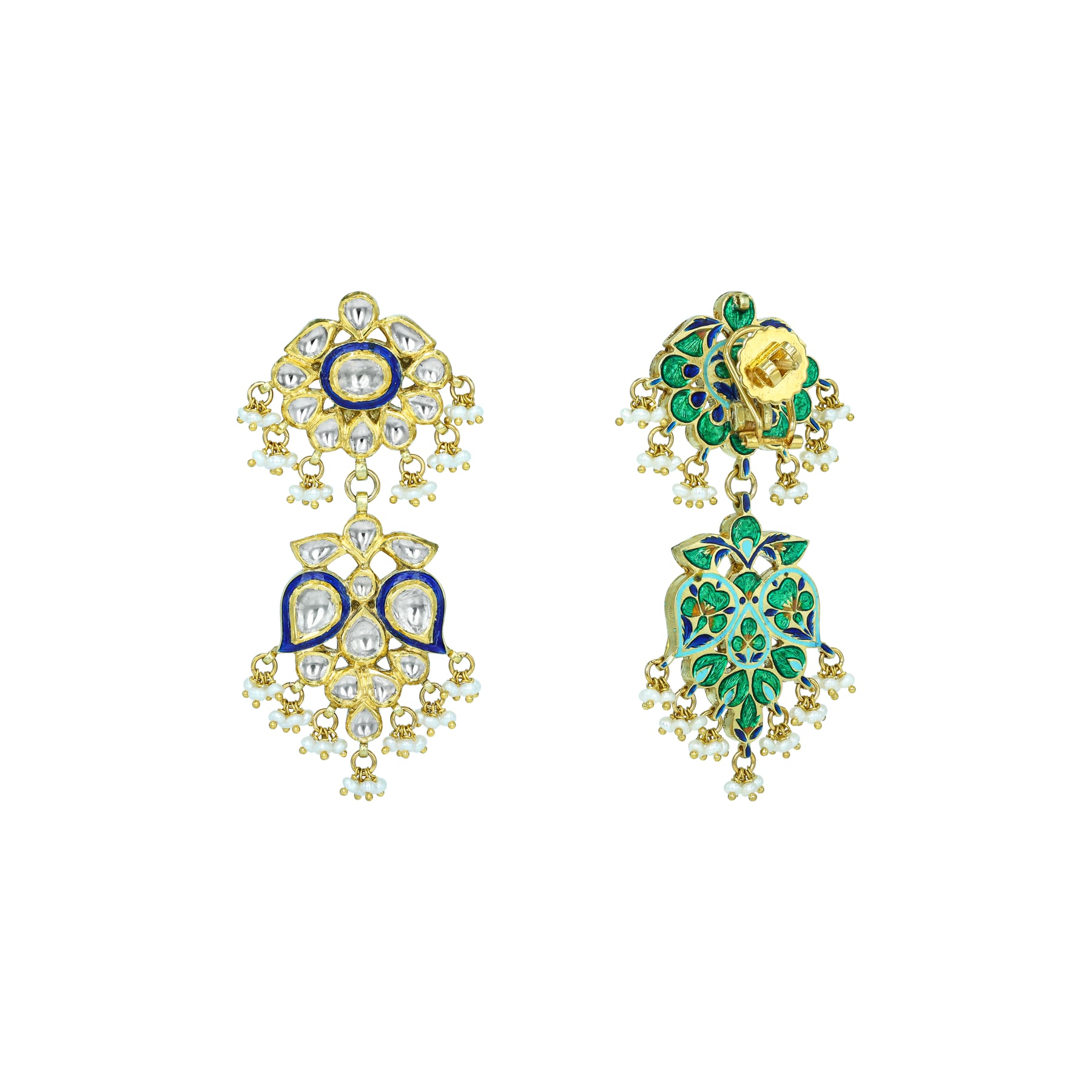 Polki Earrings with Blue Enamel and Cascading Pearls