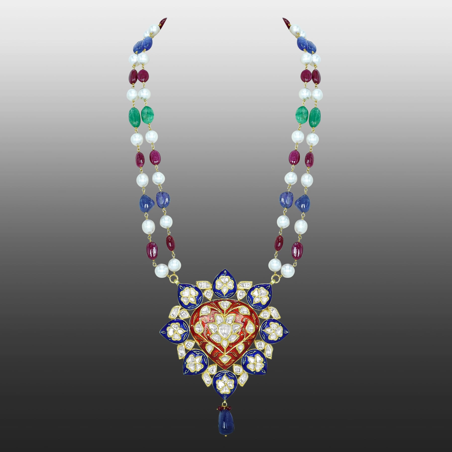 Floral Polki Necklace with Blue Red Enamel, Pearls, and Multi Gemstone Beads