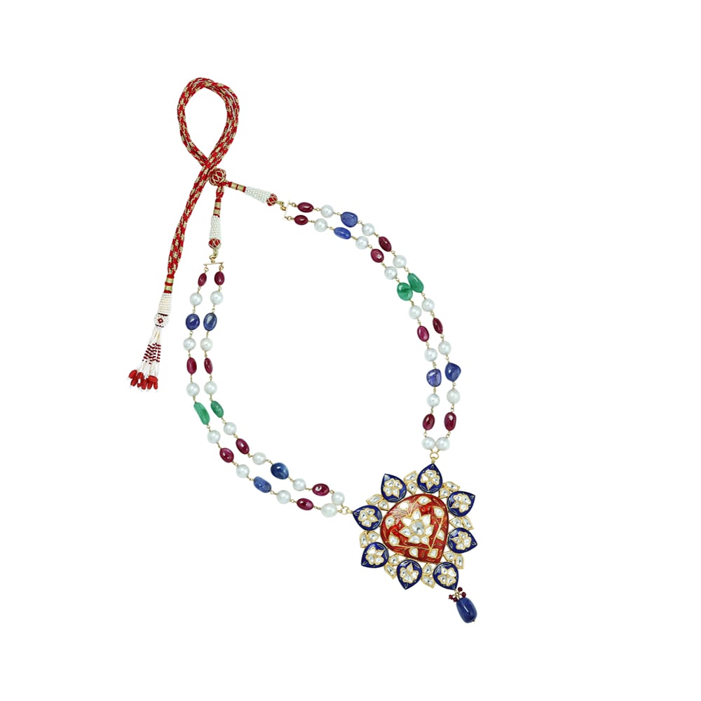 Floral Polki Necklace with Blue Red Enamel, Pearls, and Multi Gemstone Beads