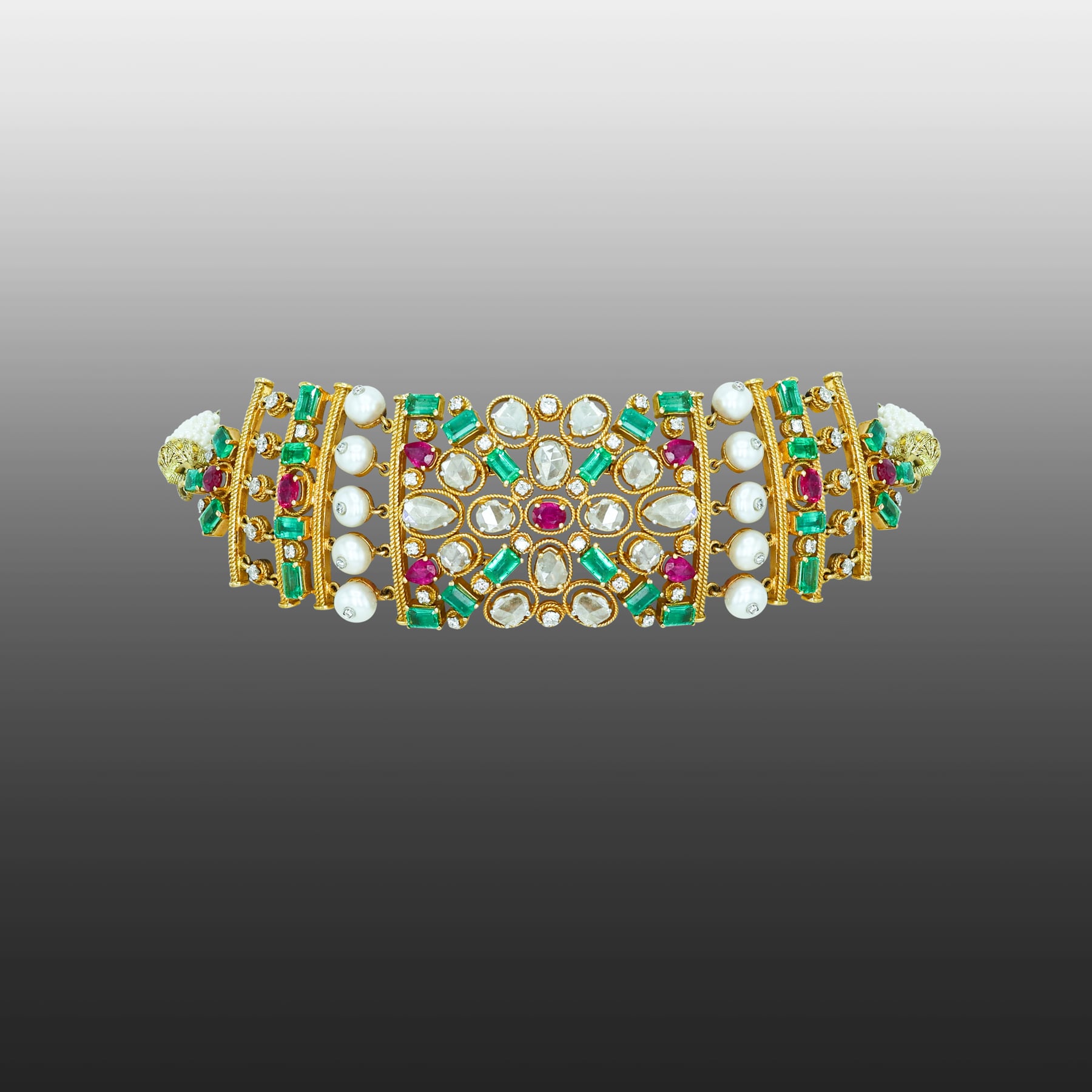Polki Choker with Emerald Colour stone, Rubies, and Pearls