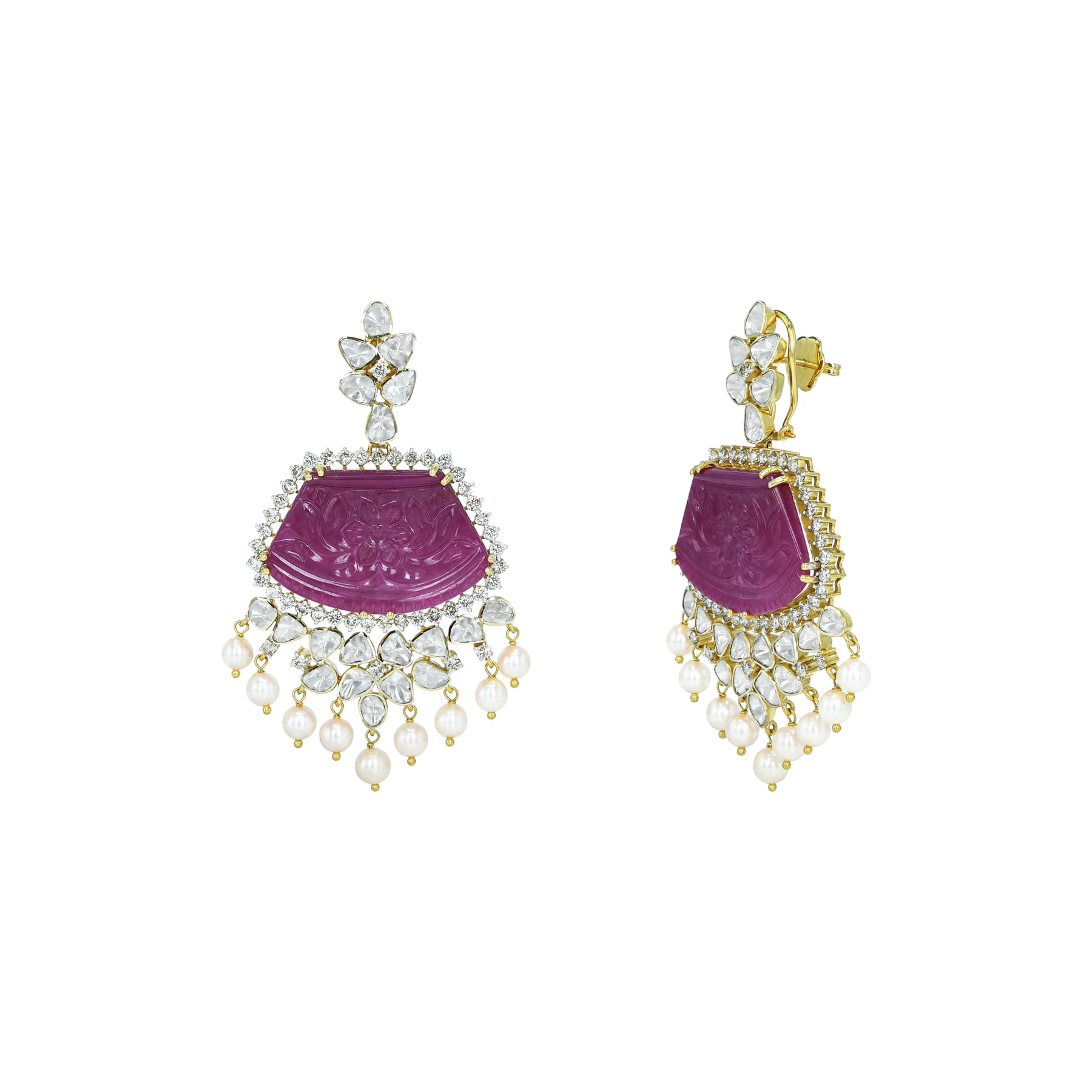 Carved Ruby Earrings with Polki Diamonds and Pearl Drops
