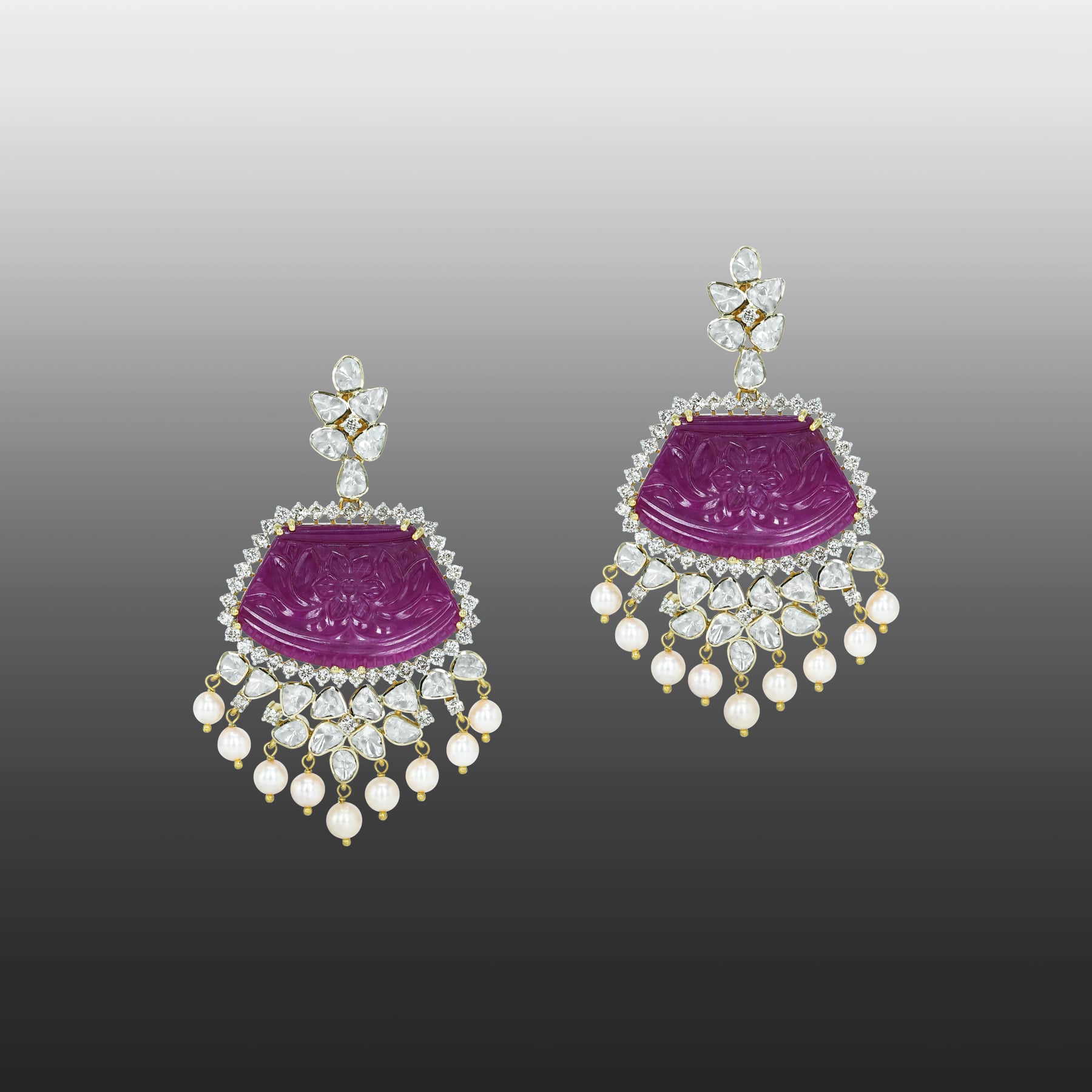 Carved Ruby Earrings with Polki Diamonds and Pearl Drops