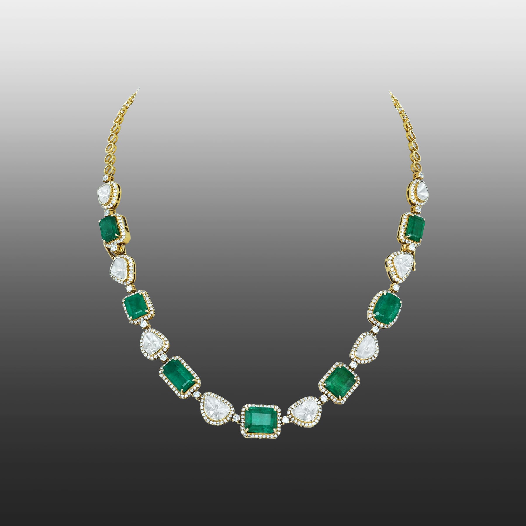 Convertible Polki Emerald Necklace-Bracelet with Diamond Halo