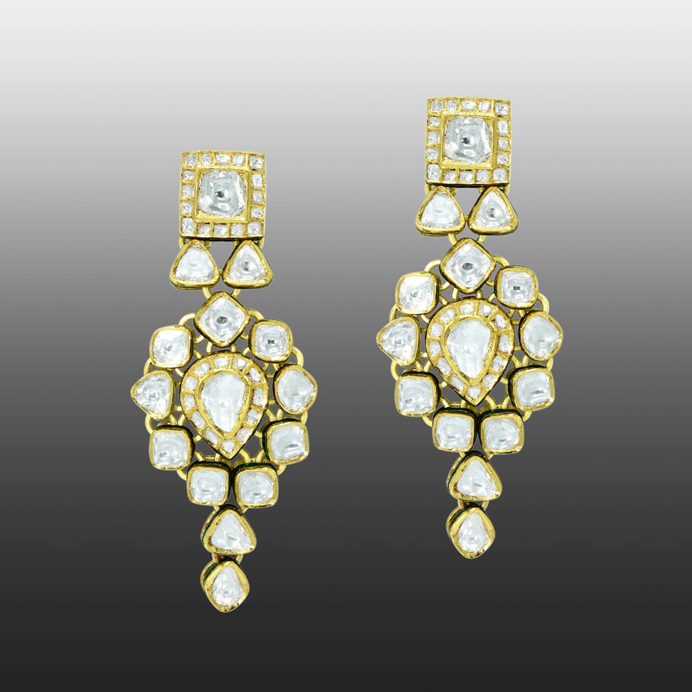 Gold Dangling Earrings with Pear-Shaped Polki Center