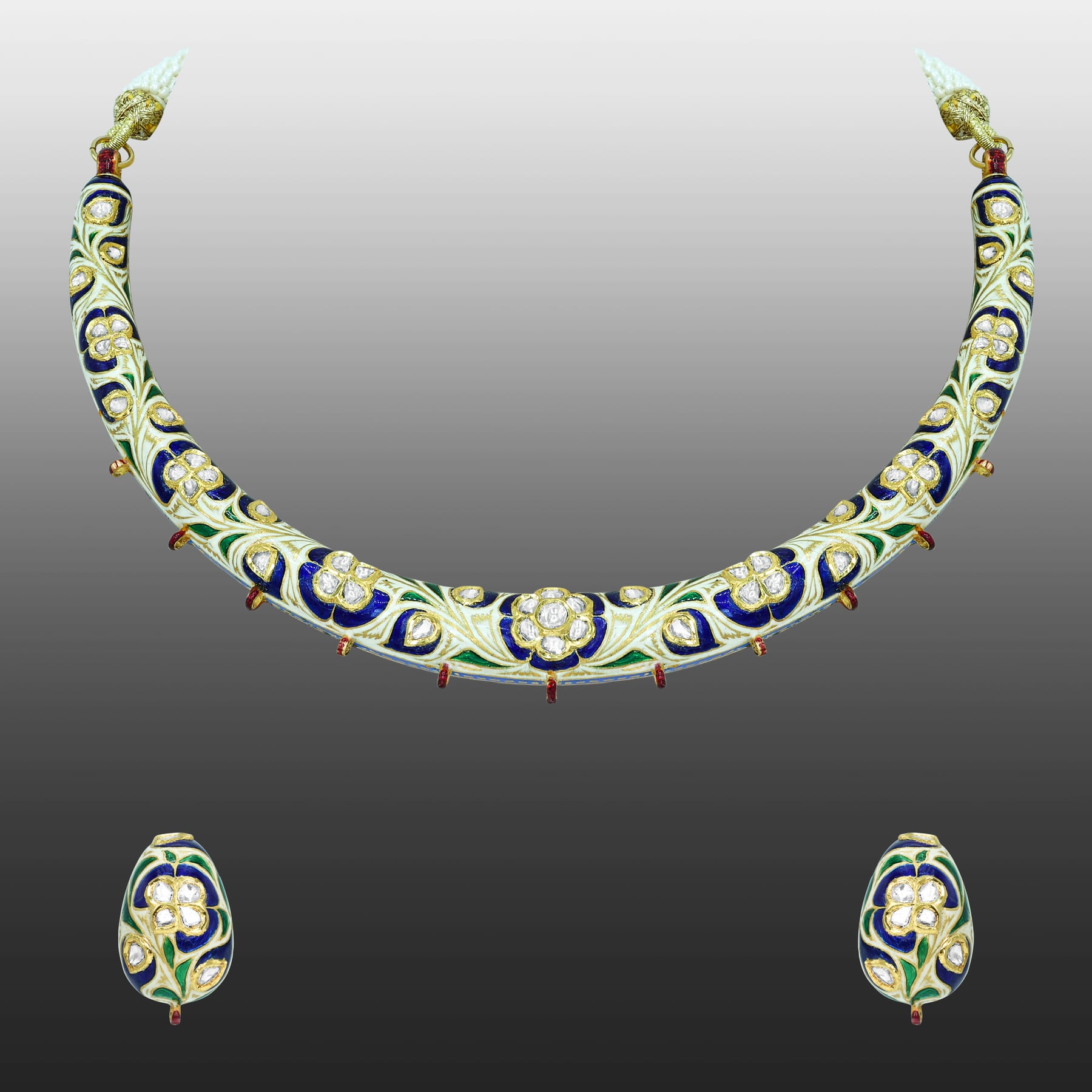 Blue Enamel Hasli Necklace Set with Polkis and Green Accents