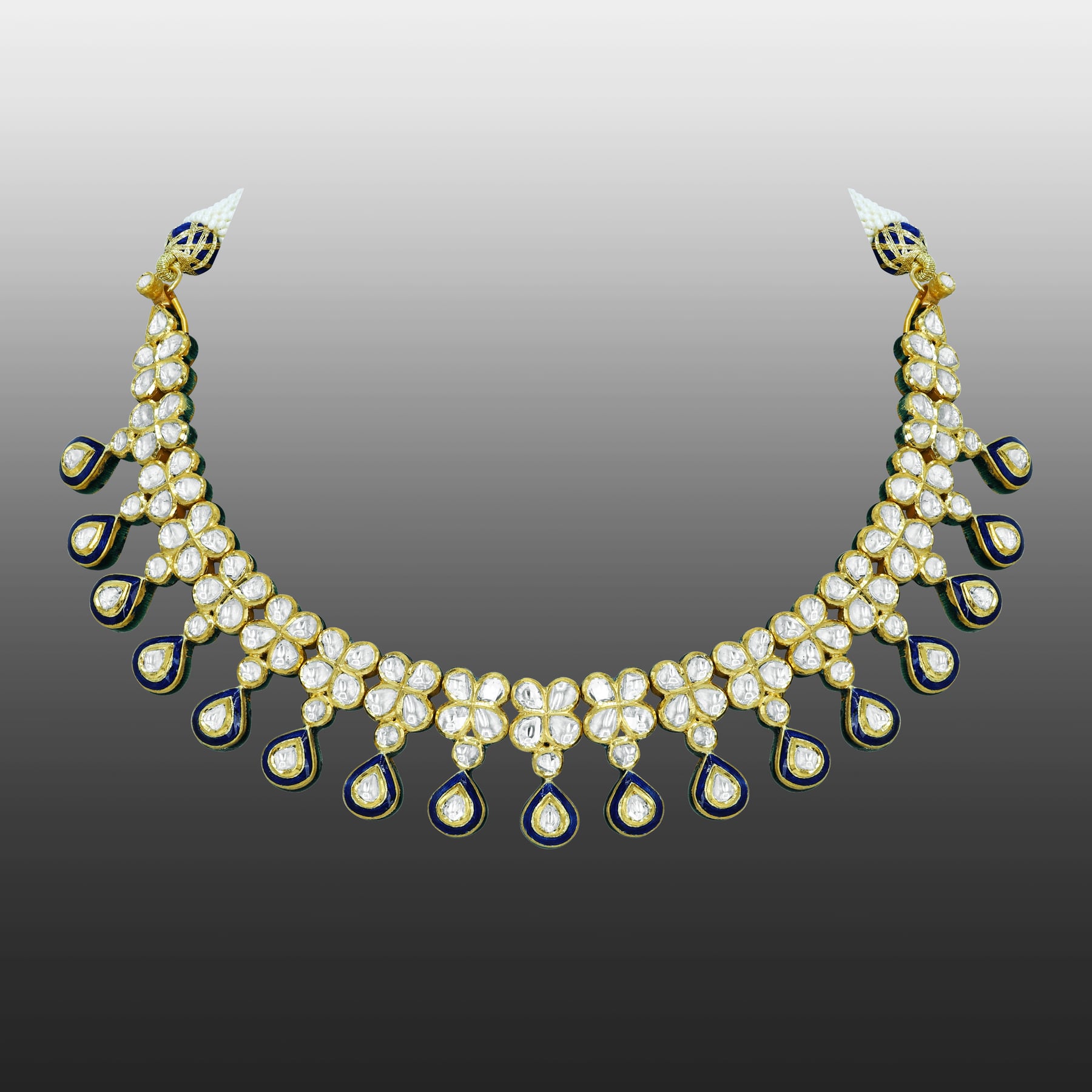 Polki Necklace with Blue Enamel and Drop Detailing
