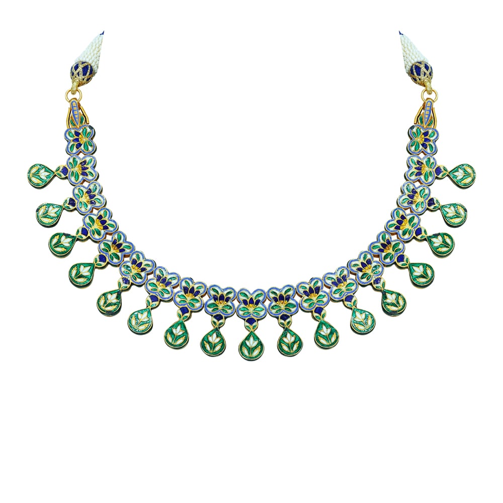 Polki Necklace with Blue Enamel and Drop Detailing