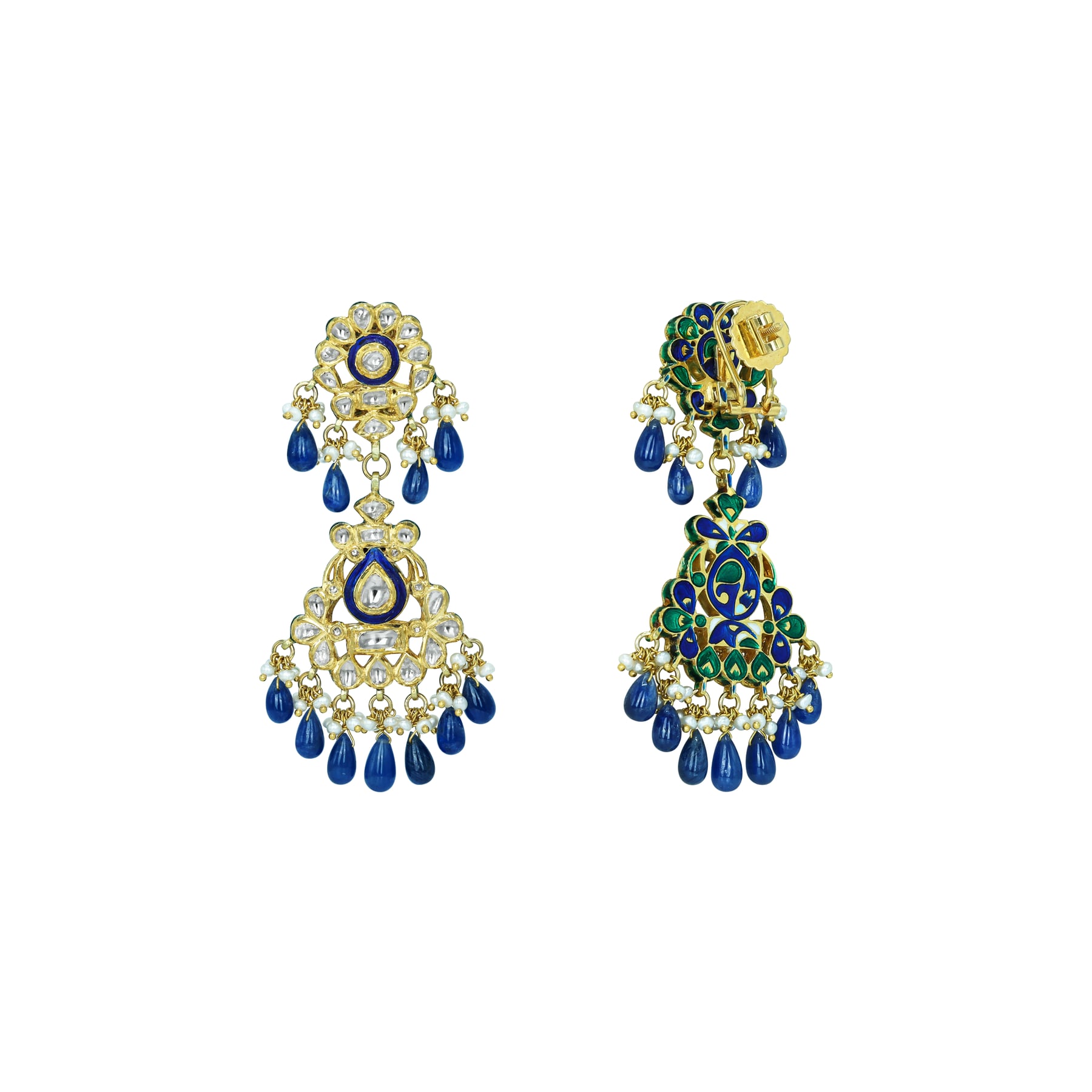 Blue Enamel Polki Earrings with Blue Drops