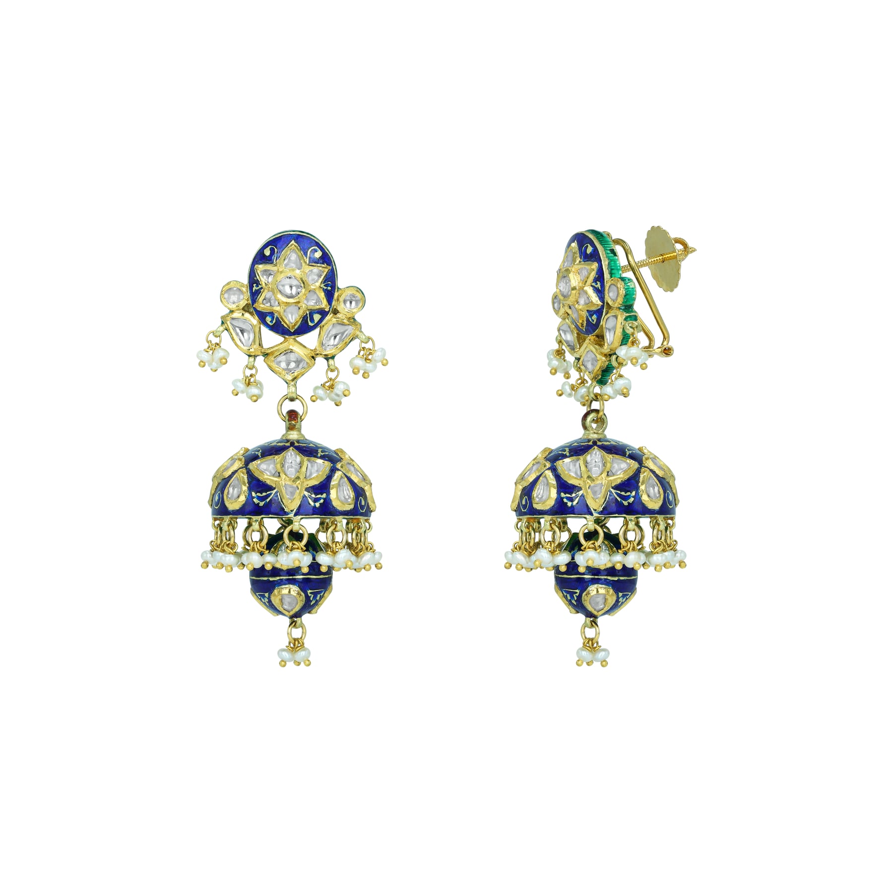 Polki Jhumki Earrings with Blue Enamel and Pearl Drops