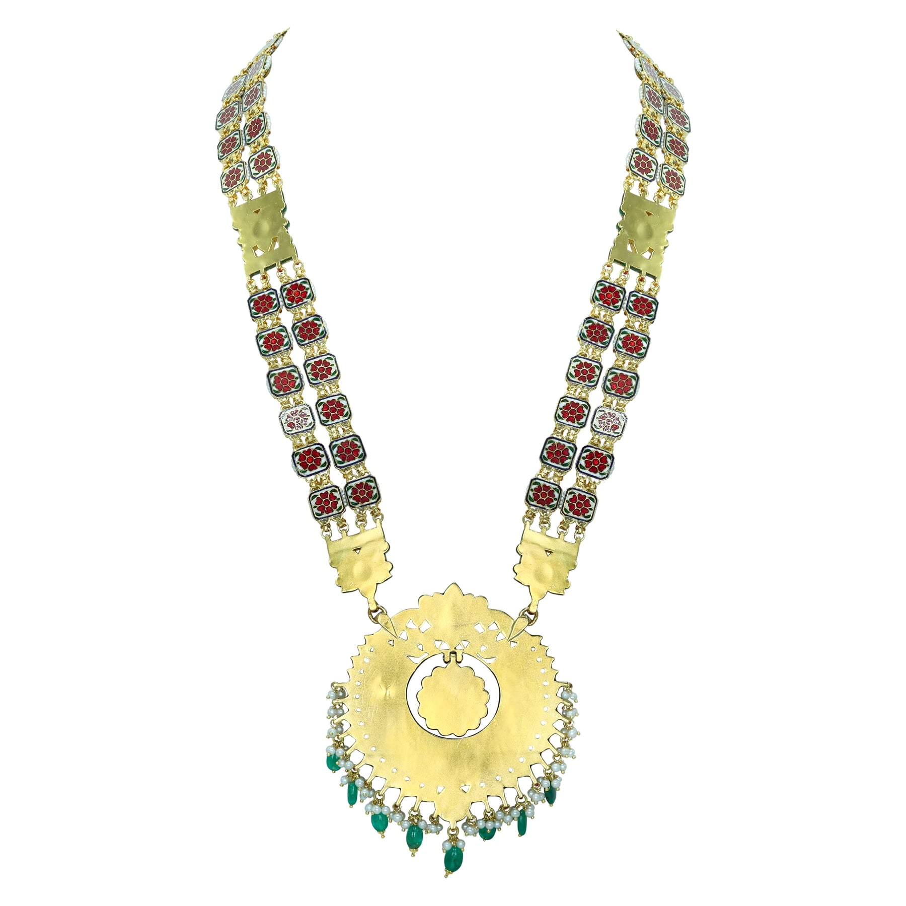 Green Enamel Polki Pendant with Emerald and Pearls
