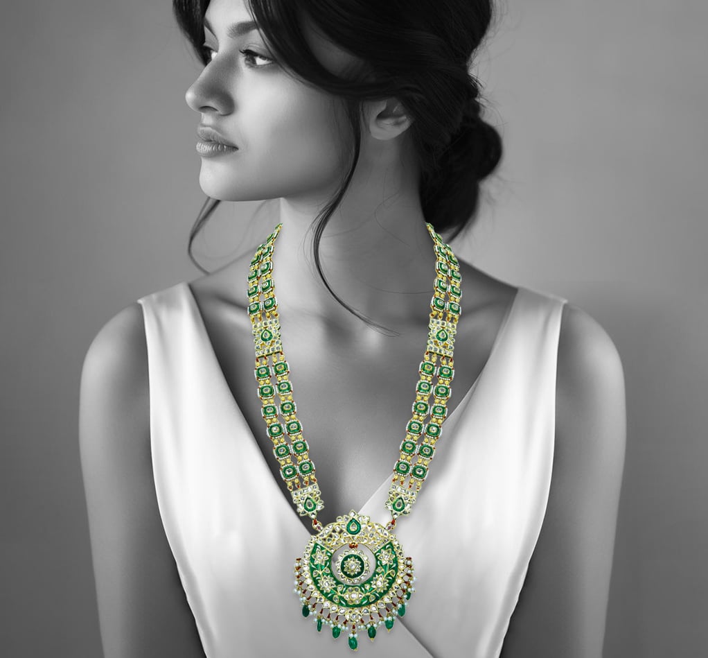 Green Enamel Polki Pendant with Emerald and Pearls