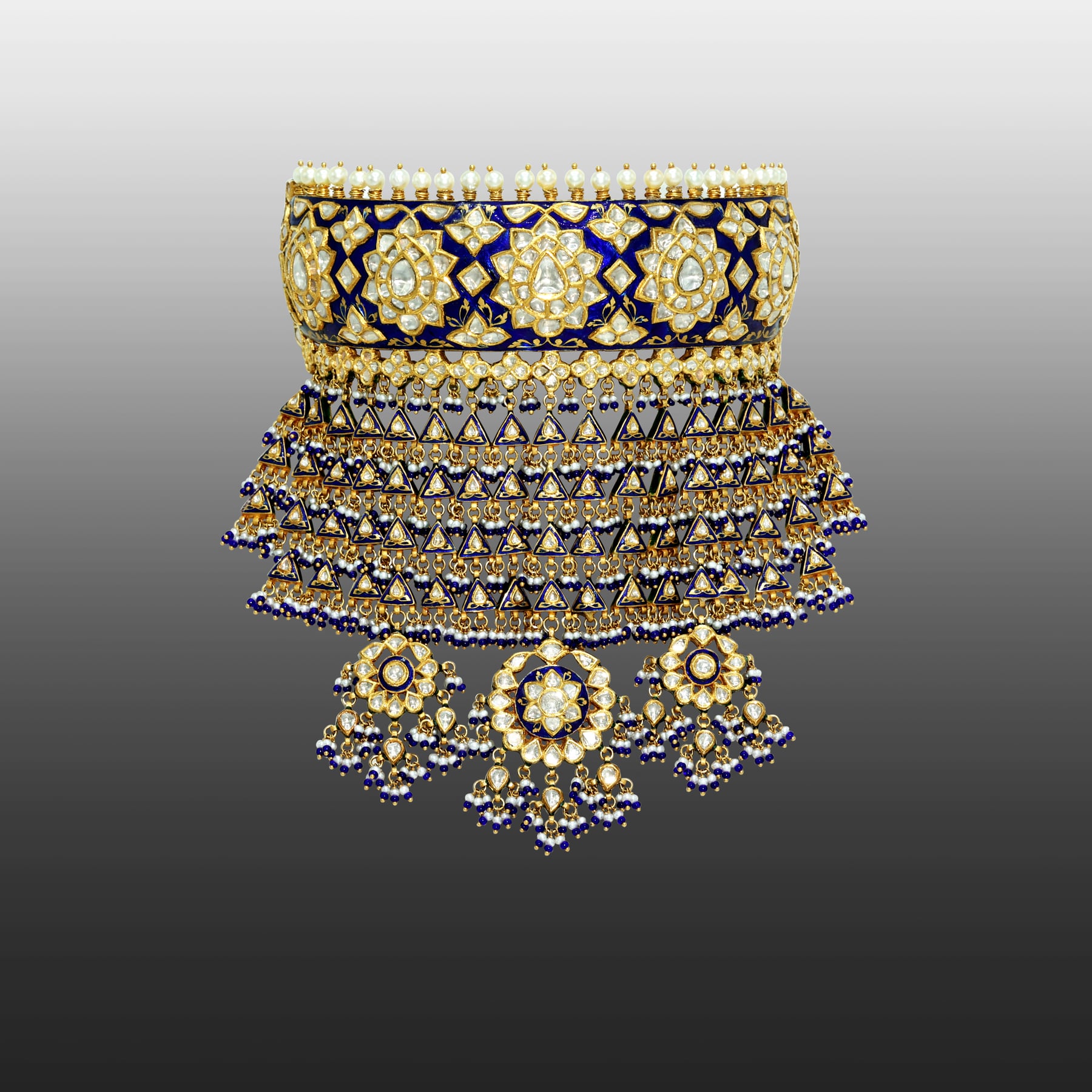 Aad Choker with Polki, Blue Meenakari, Pearls, and Beads
