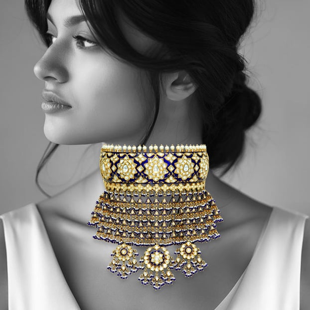 Aad Choker with Polki, Blue Meenakari, Pearls, and Beads