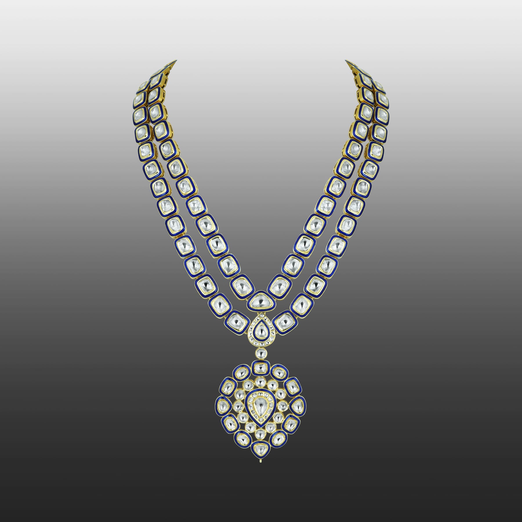 Dual-Layer Polki Necklace with Blue Enamel