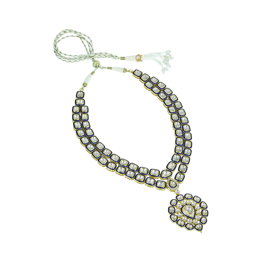 Dual-Layer Polki Necklace with Blue Enamel