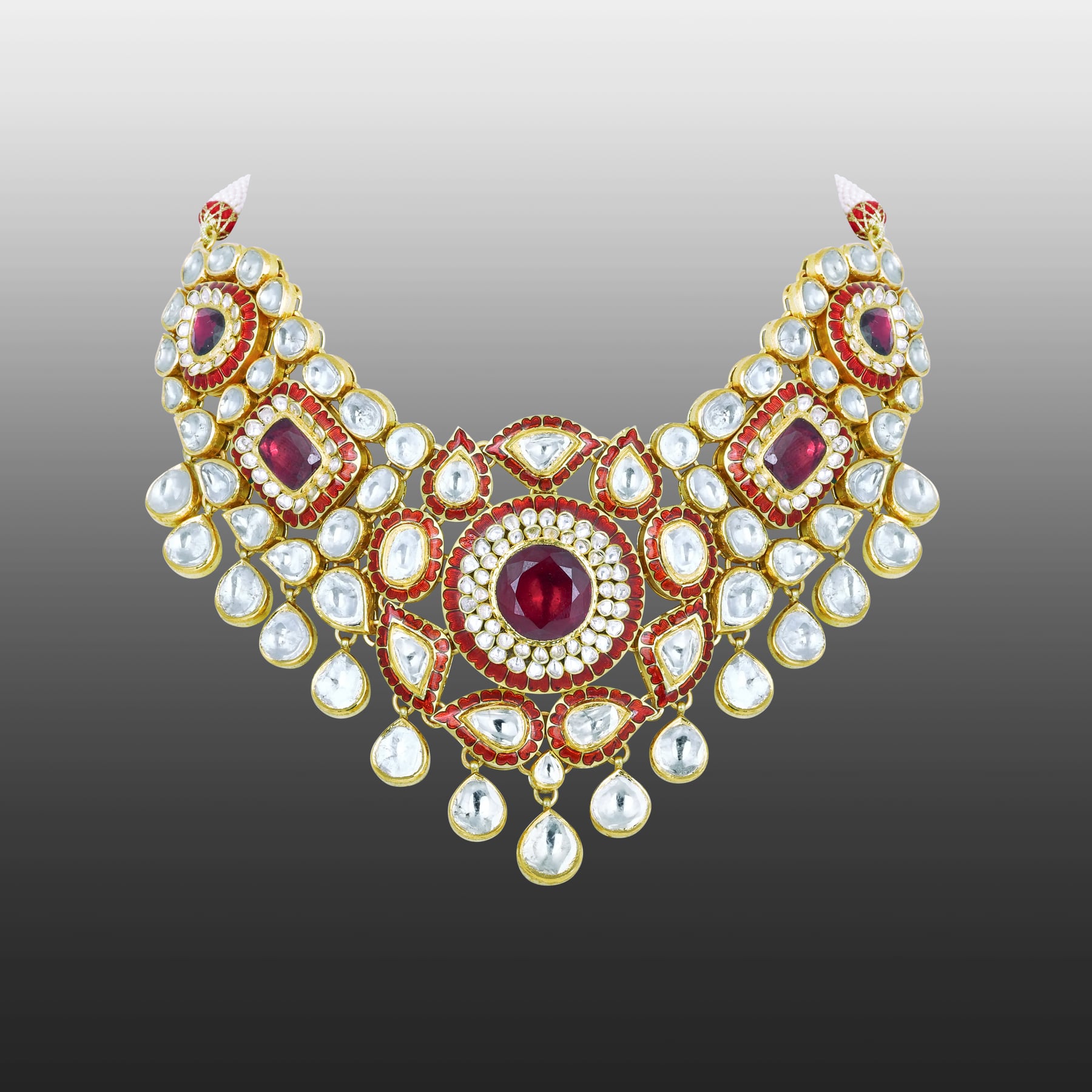 Rhodolite Polki Choker with Red Enamel and Dangling Pear Drops