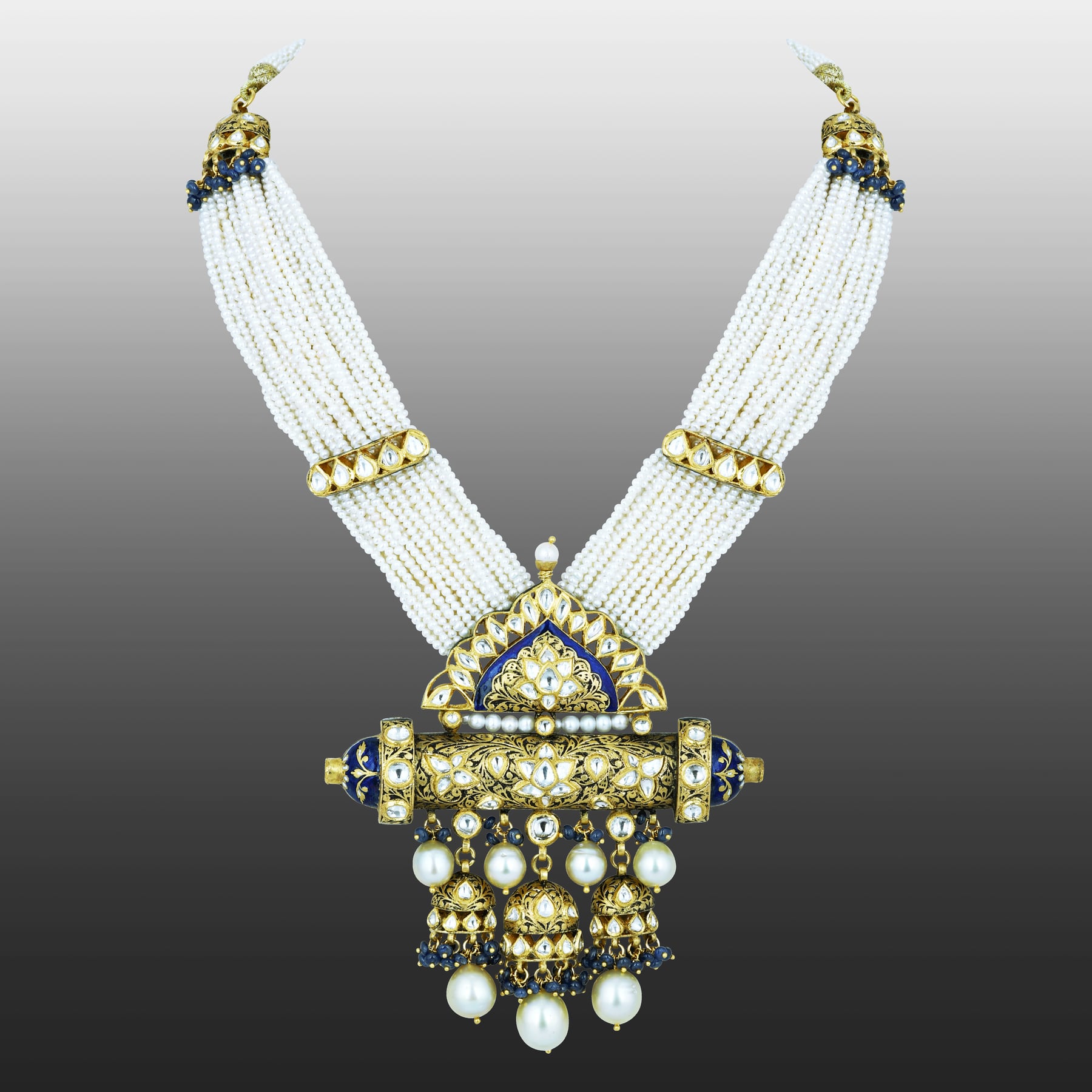 Pearl Strand Necklace with Polki Pendant and Blue Enamel