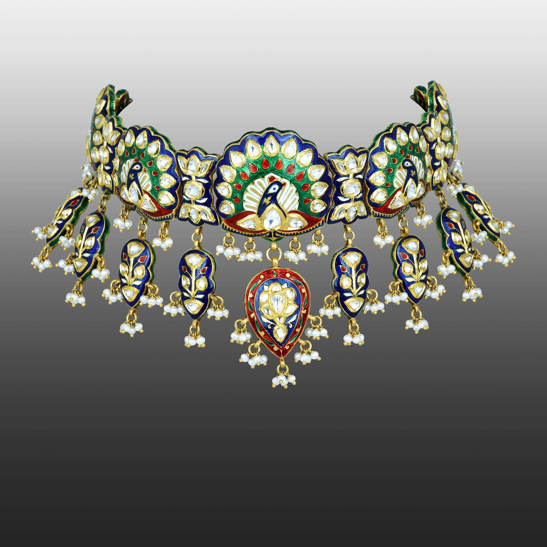Peacock Motif Choker with Polkis and Enamel Detailing