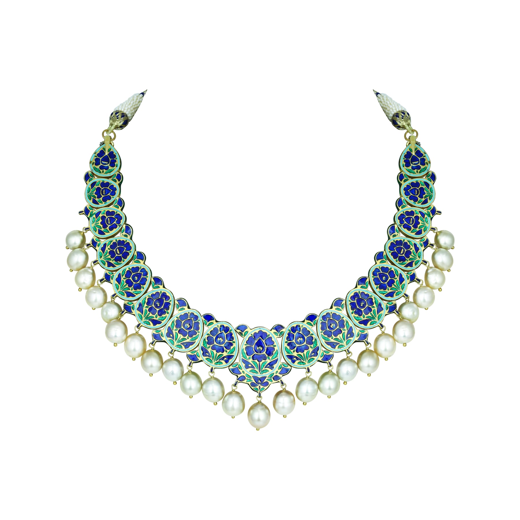 Blue Enamel Polki Necklace with Southsea Pearl Elegance