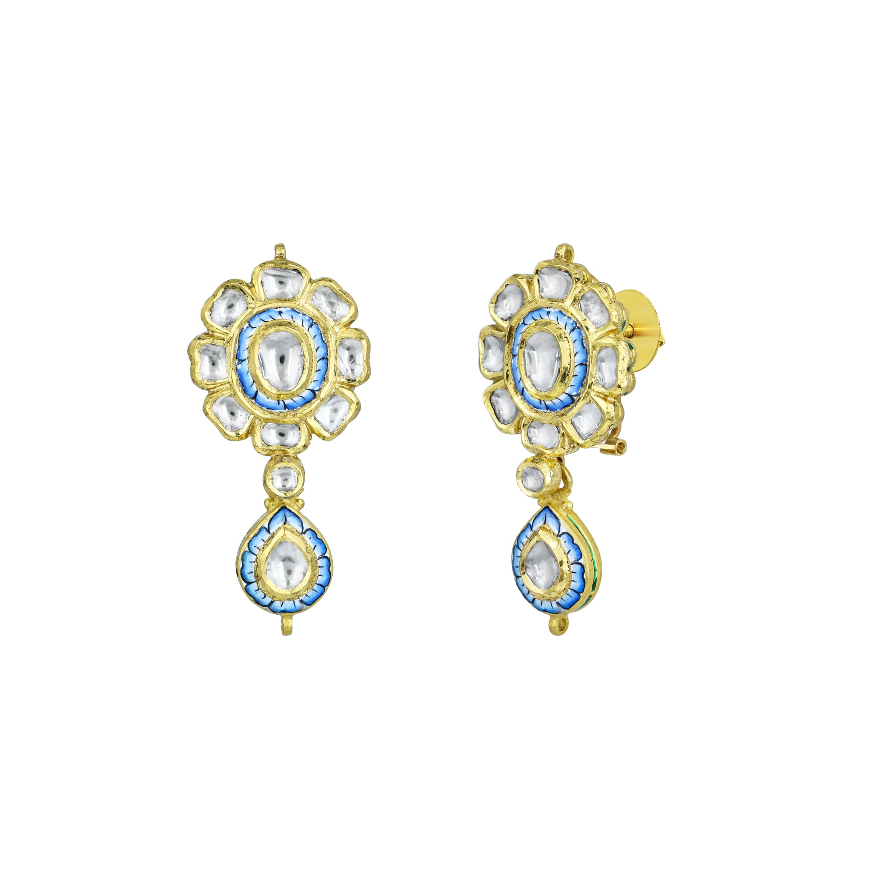 Turquoise Enamel Polki Floral Earrings