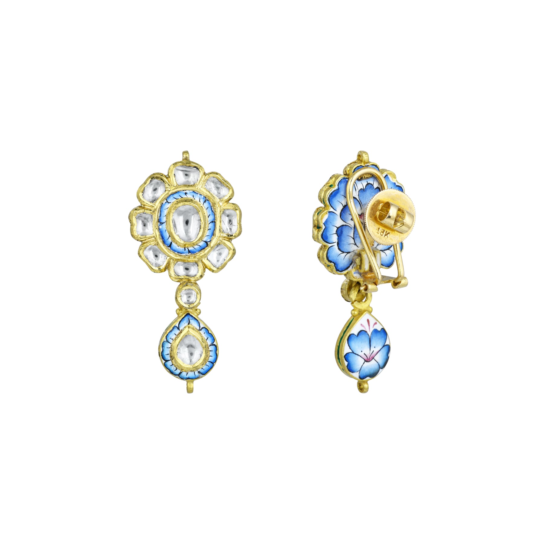 Turquoise Enamel Polki Floral Earrings