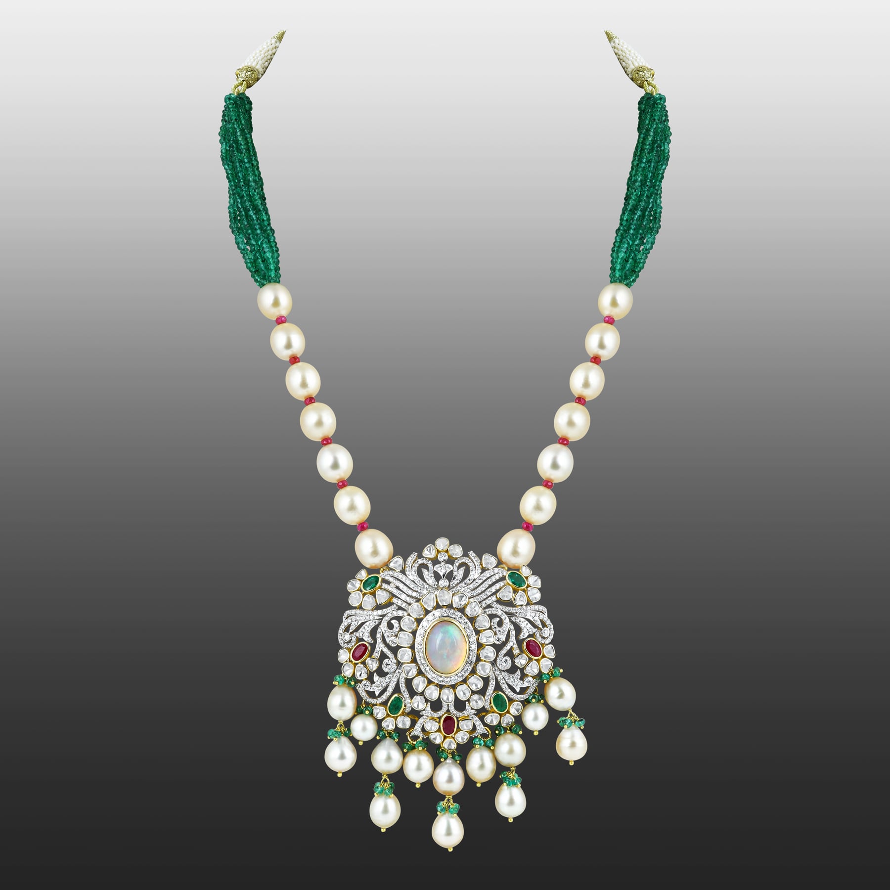 Opal Polki Pendant Necklace with Emeralds and Pearl Strands