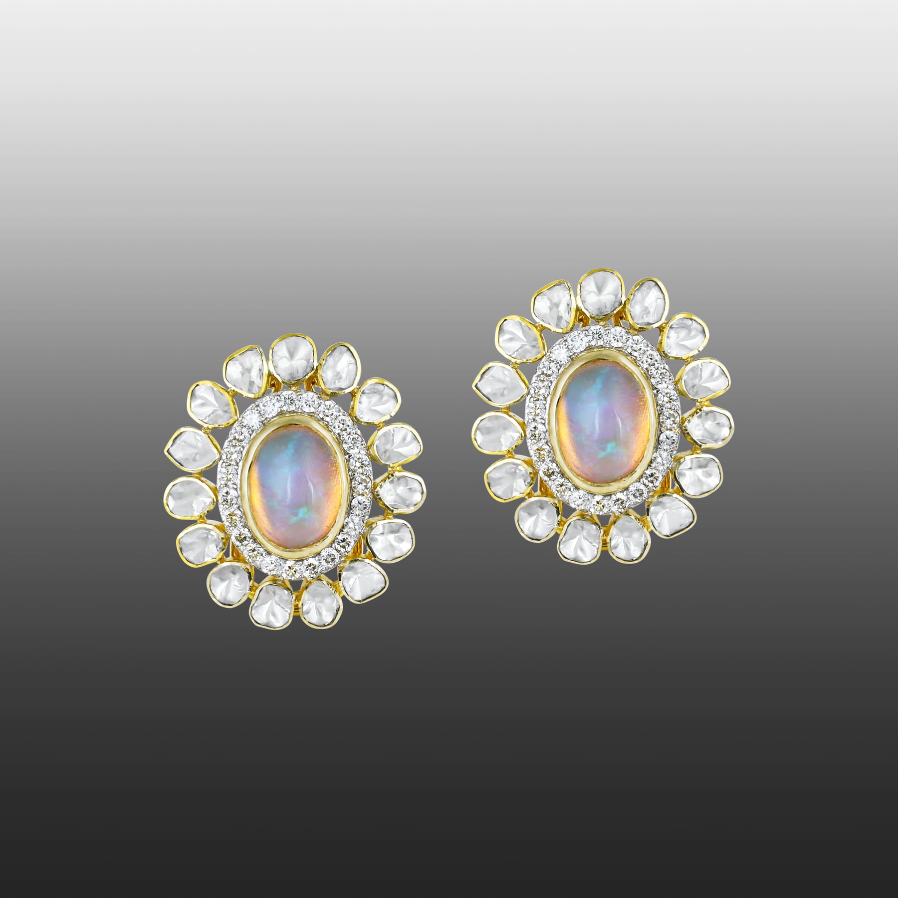 Opal Polki Floral Stud Earrings with Diamond Halo