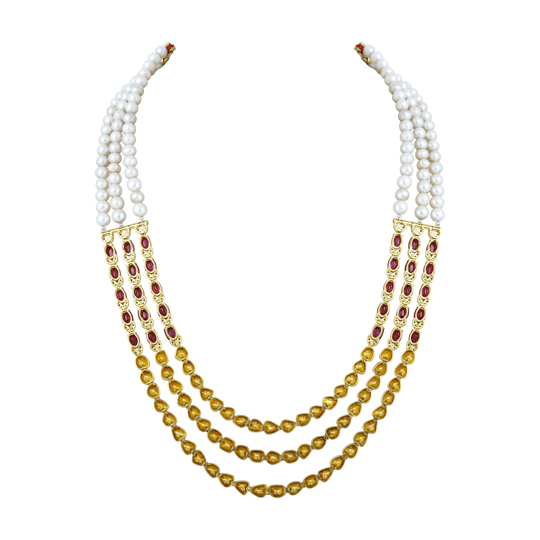 Three-Layer Polki Necklace with Rubies and Pearl Strings