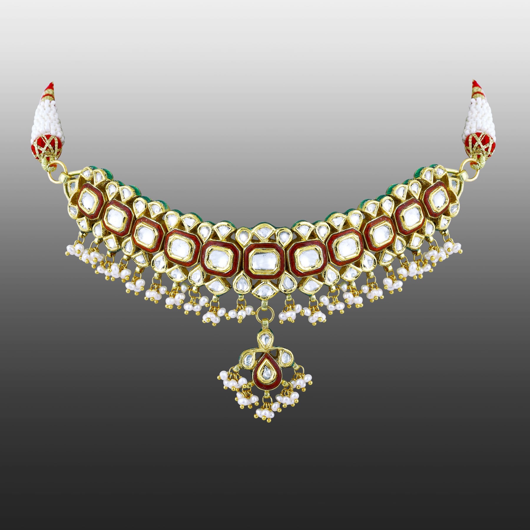 Polki Choker with Red Enamel and Graceful Pearl Clusters