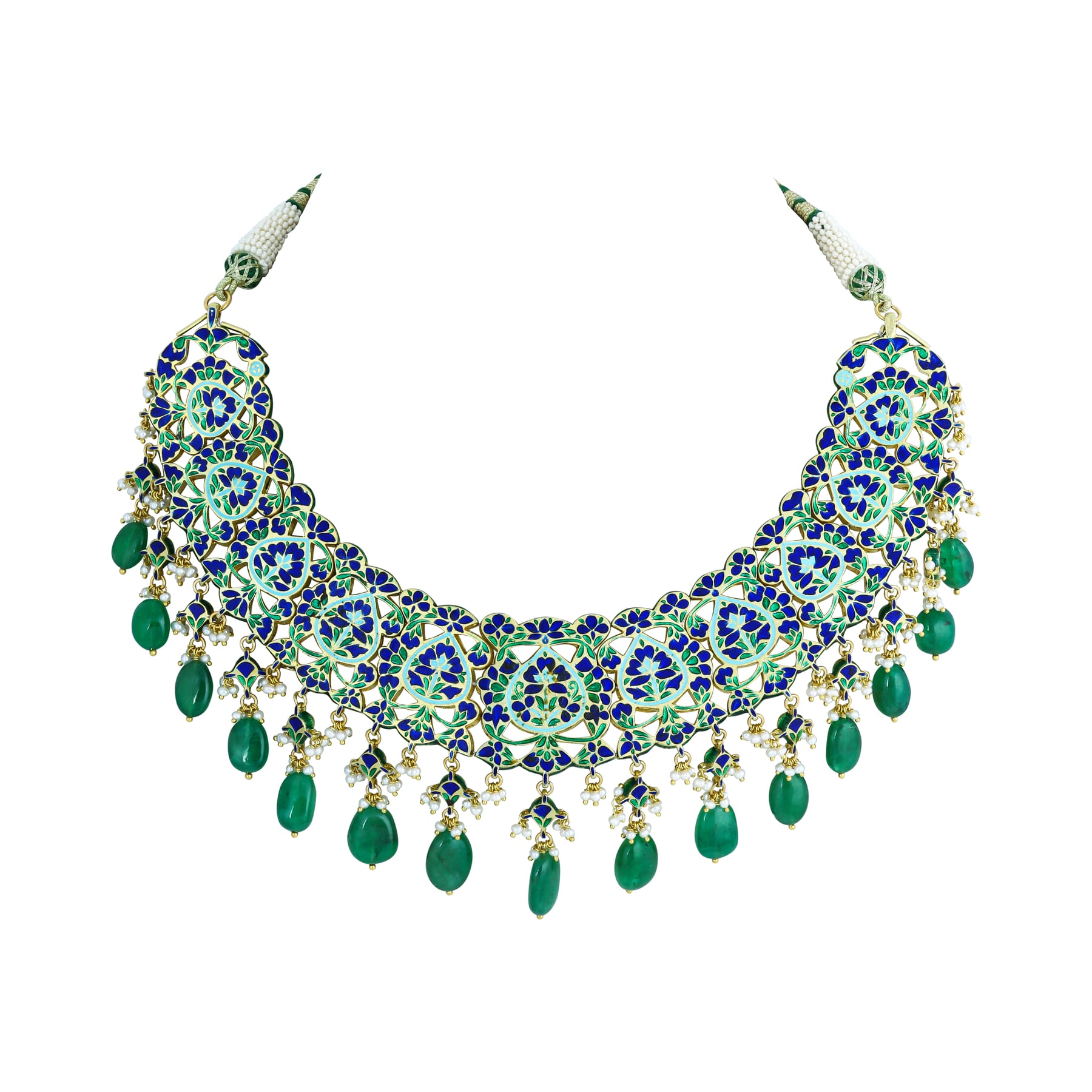 Polki Necklace with Green Enamel and Emerald Drops