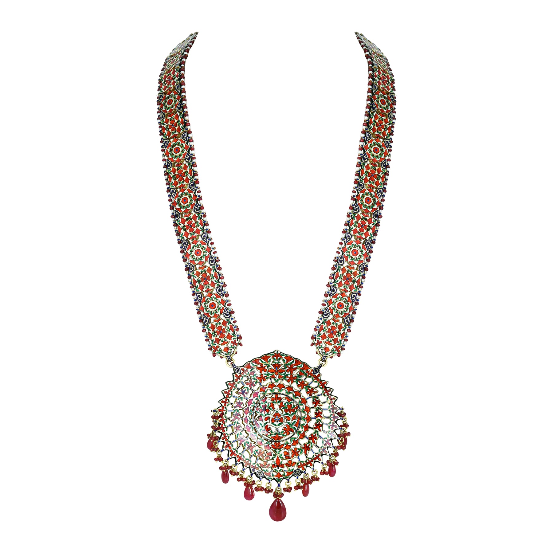 Polki Patri Haar Necklace with Spiral Pendant and Ruby Drops