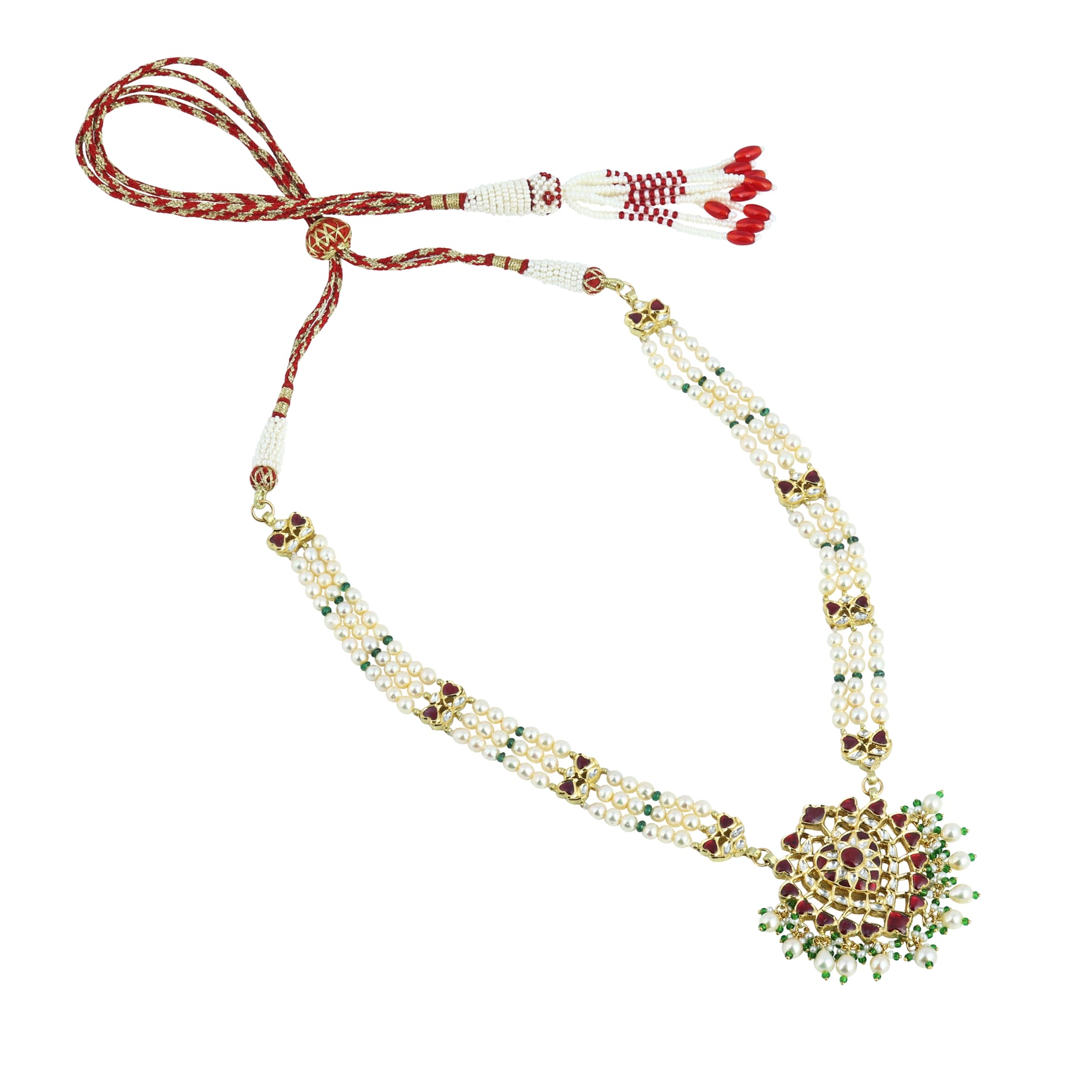 Pearl Pendant Necklace with Emerald Beads and Ruby Colour stones
