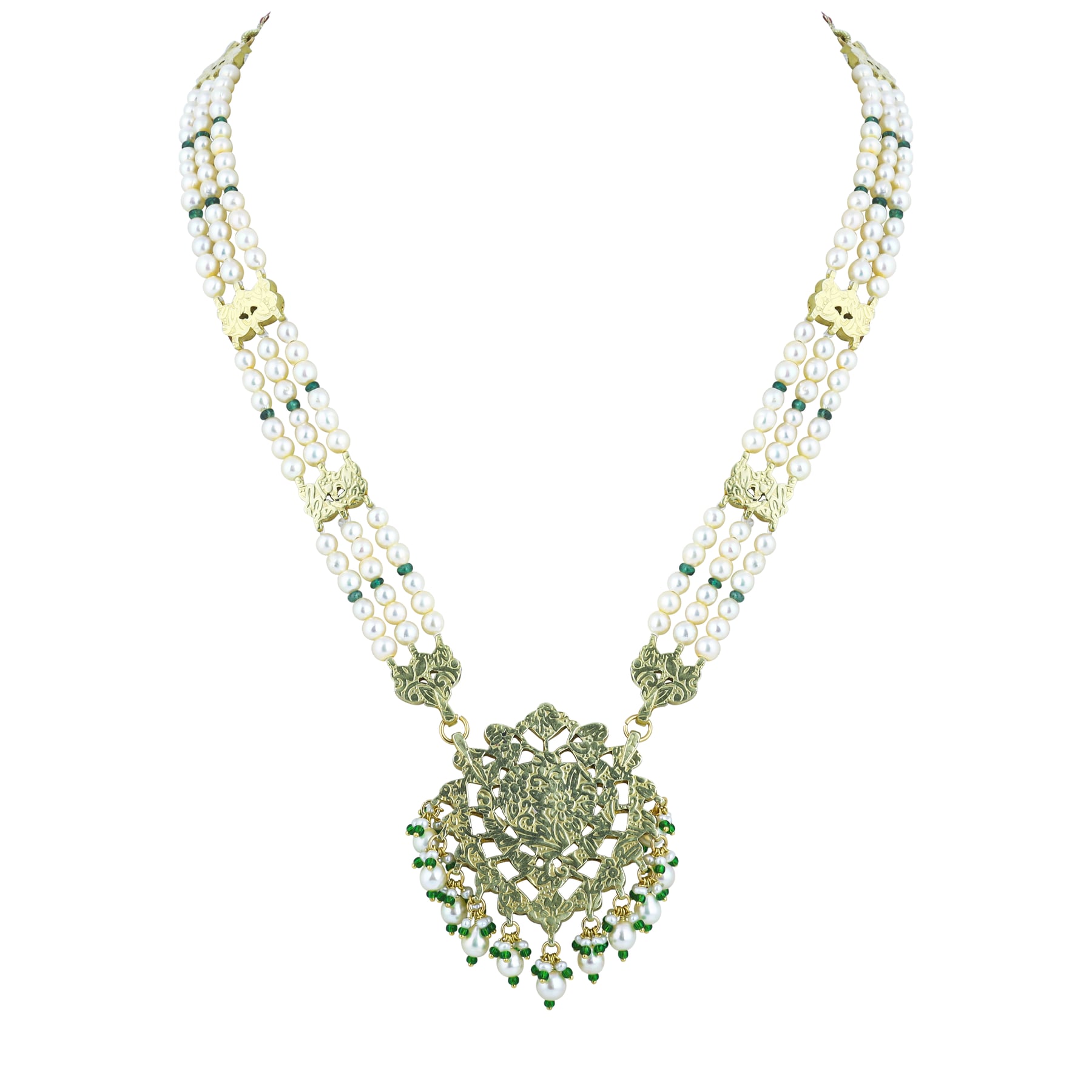 Pearl Pendant Necklace with Emerald Beads and Ruby Colour stones