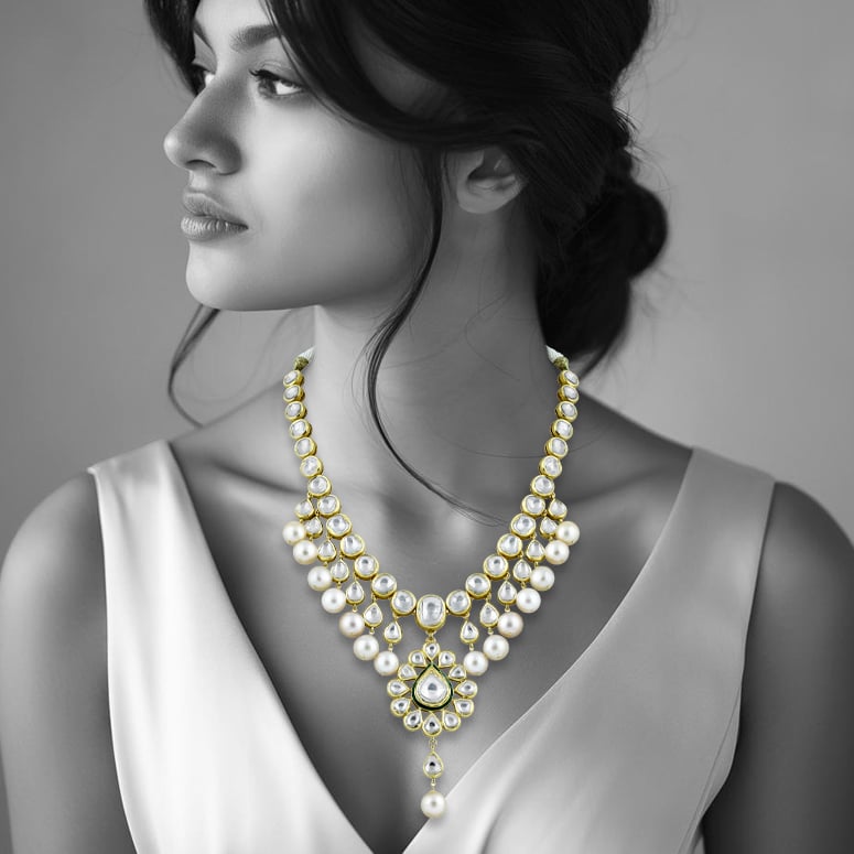Polki Necklace with Pearl Drops and Central Motif